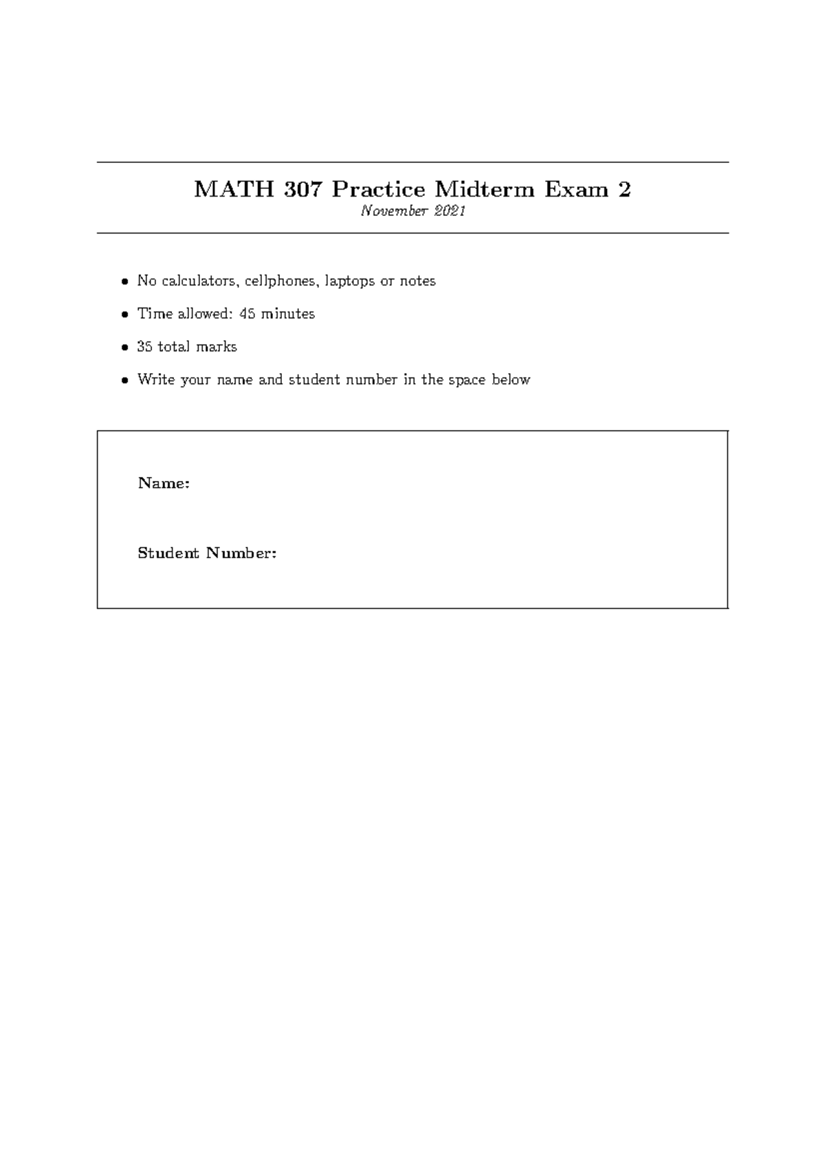 Math307 2021W1 Practice Midterm Exam 2 Questions & Format - Studocu