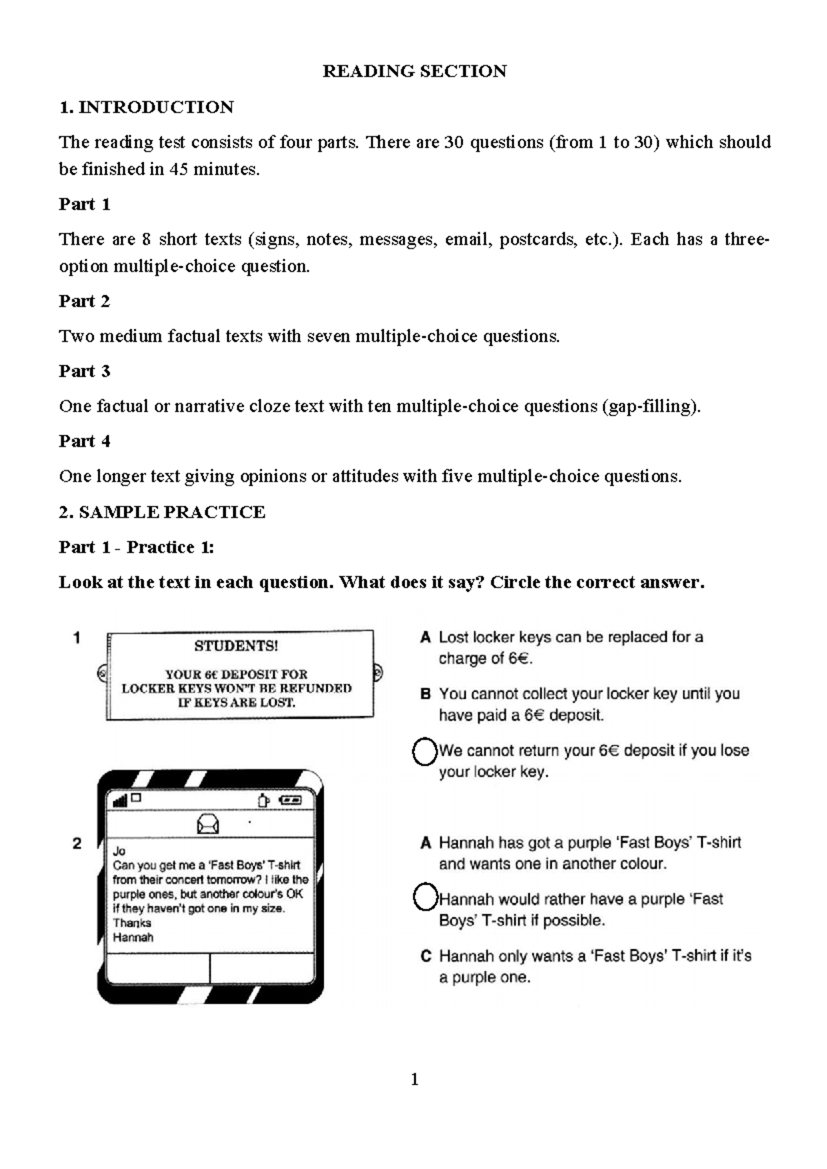 Luyen THI B1 - Reading Test Overview and Practice Exercises - Studocu