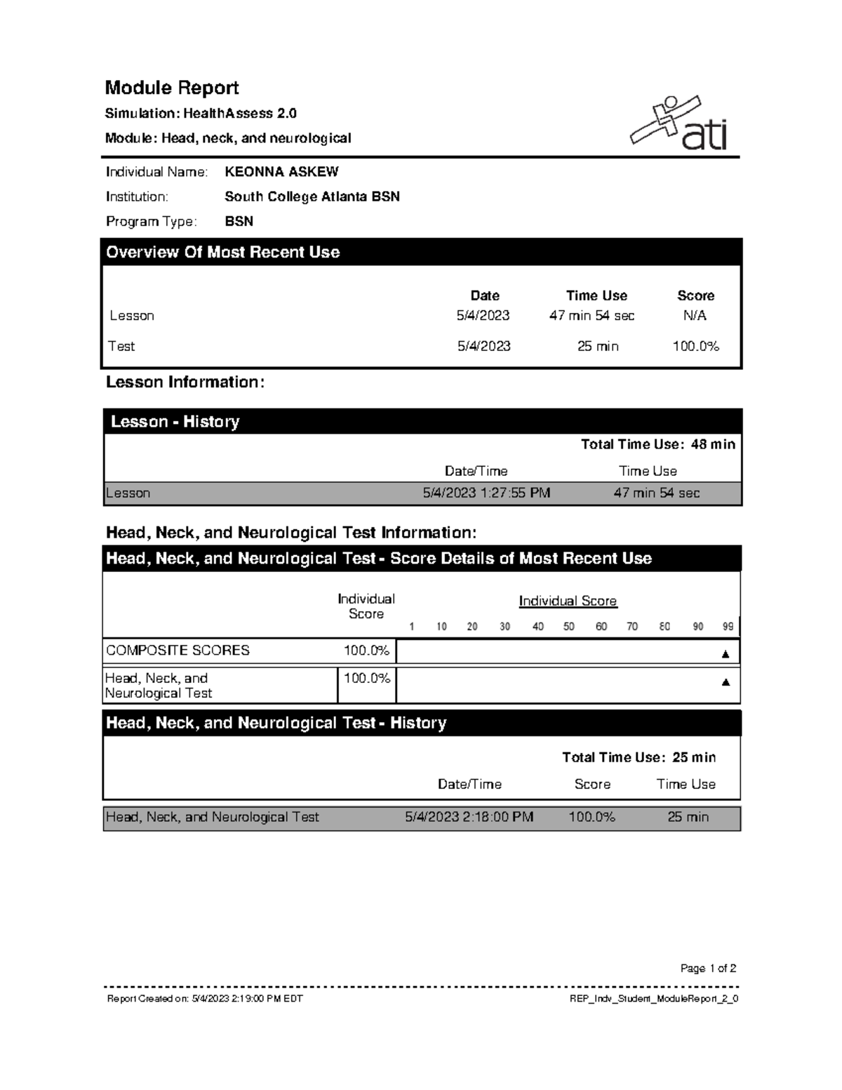 Physical Assessment ATI Report: Head, Neck & Neurological Module - Studocu
