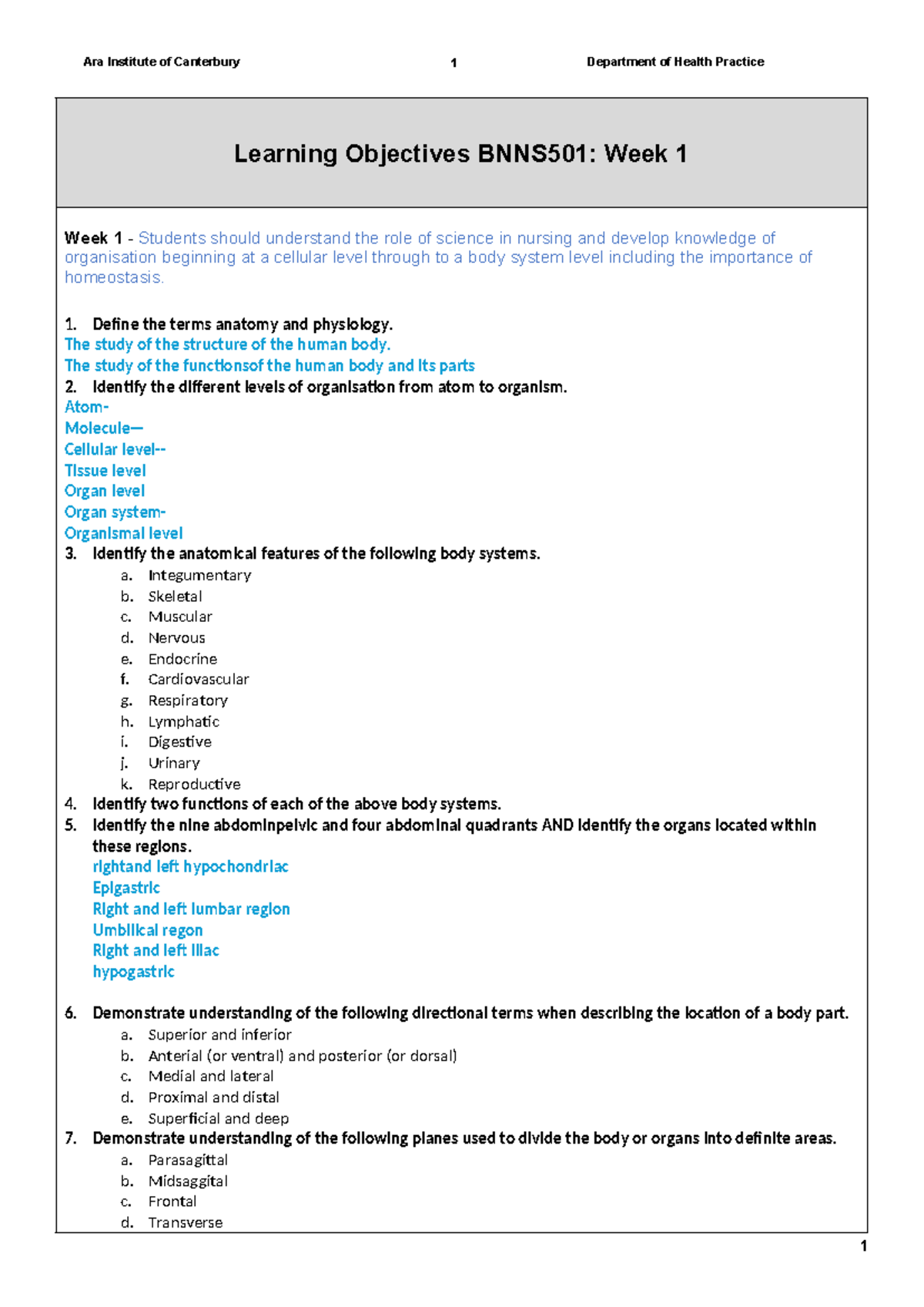 BNNS501: Week 1 Learning Objectives in Nursing Science - Studocu