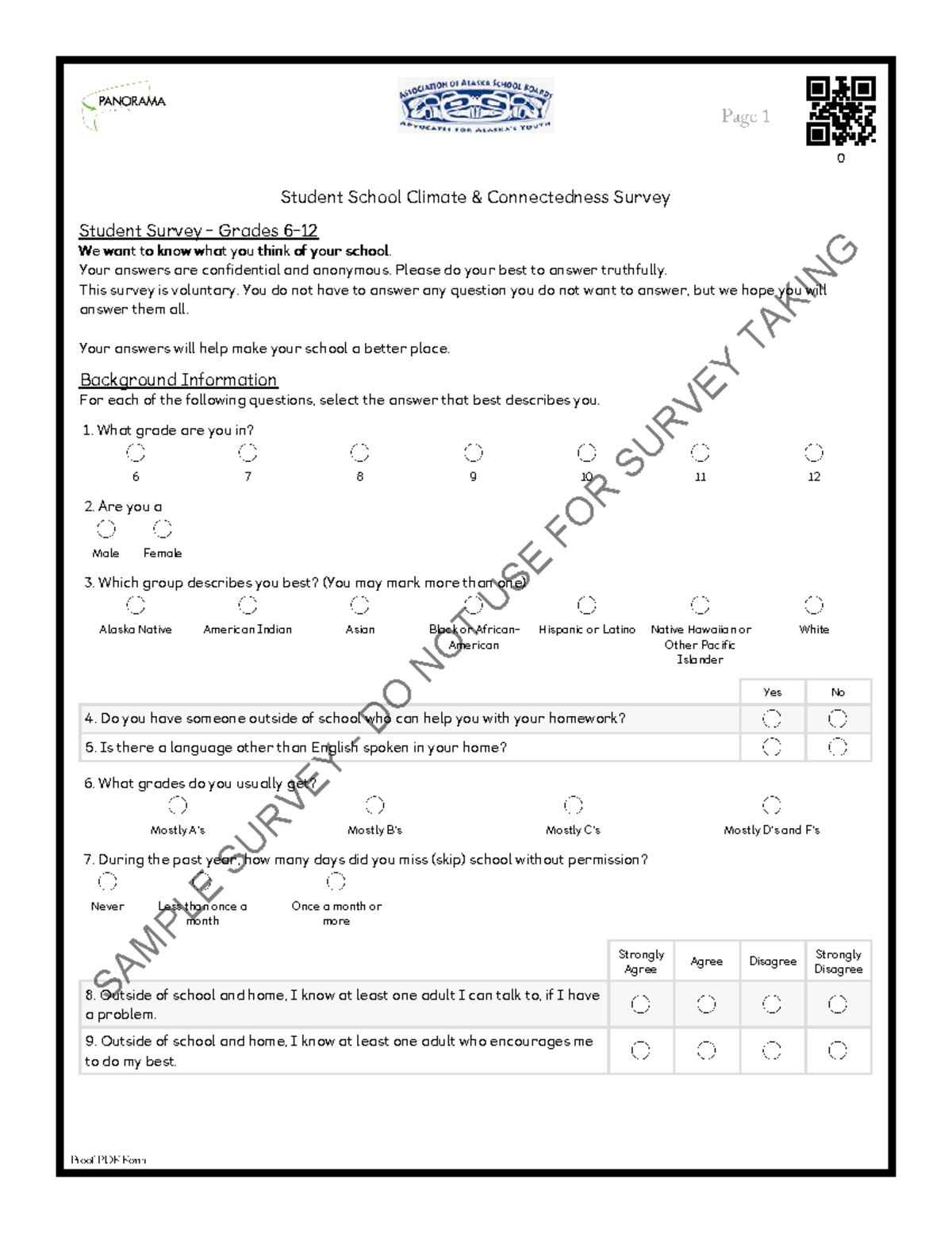 Grade 6-12 Student School Climate & Connectedness Survey Questions ...