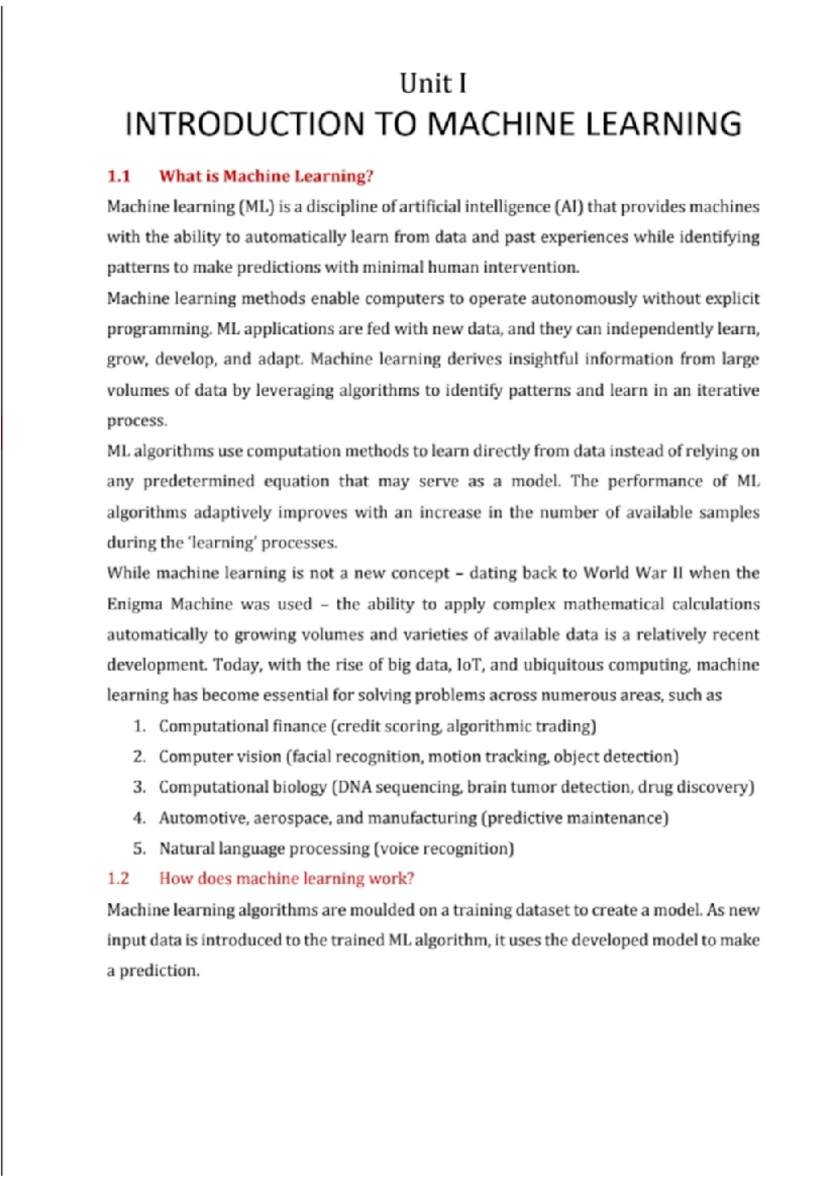 ML Unit-1 - This notes are on Introduction to ML. - Data Science - Studocu