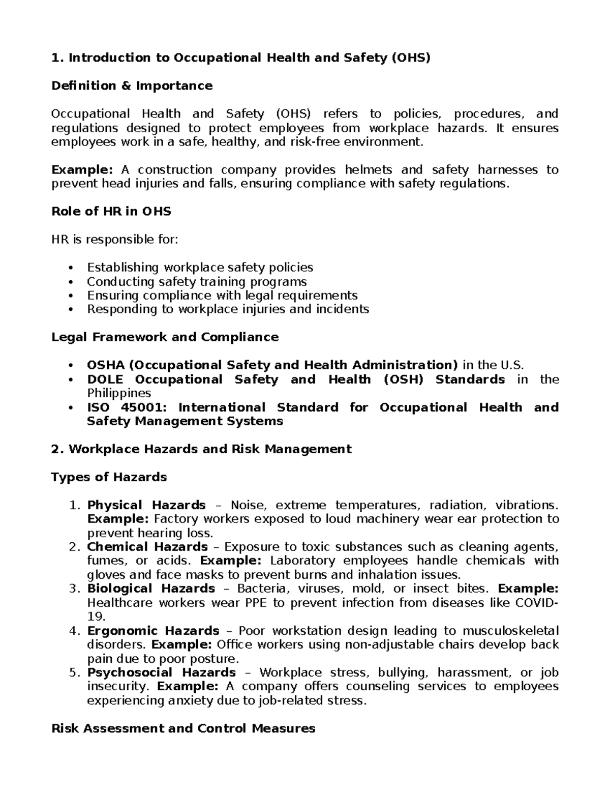 Study Guide: Occupational Health and Safety (OHS) Overview - Studocu