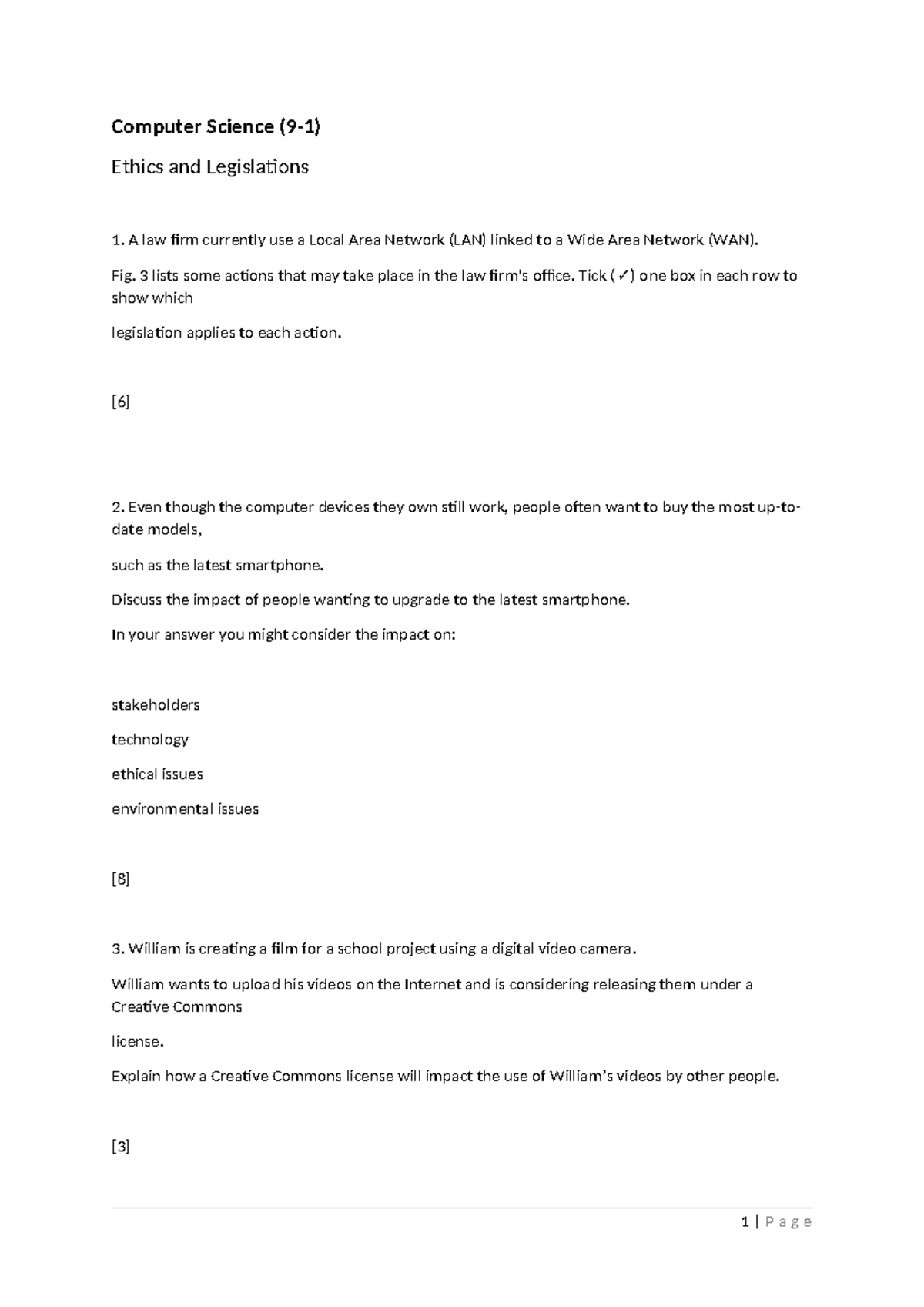 Computer Science Ethics & Legislation Test - Mar 2023 - Studocu