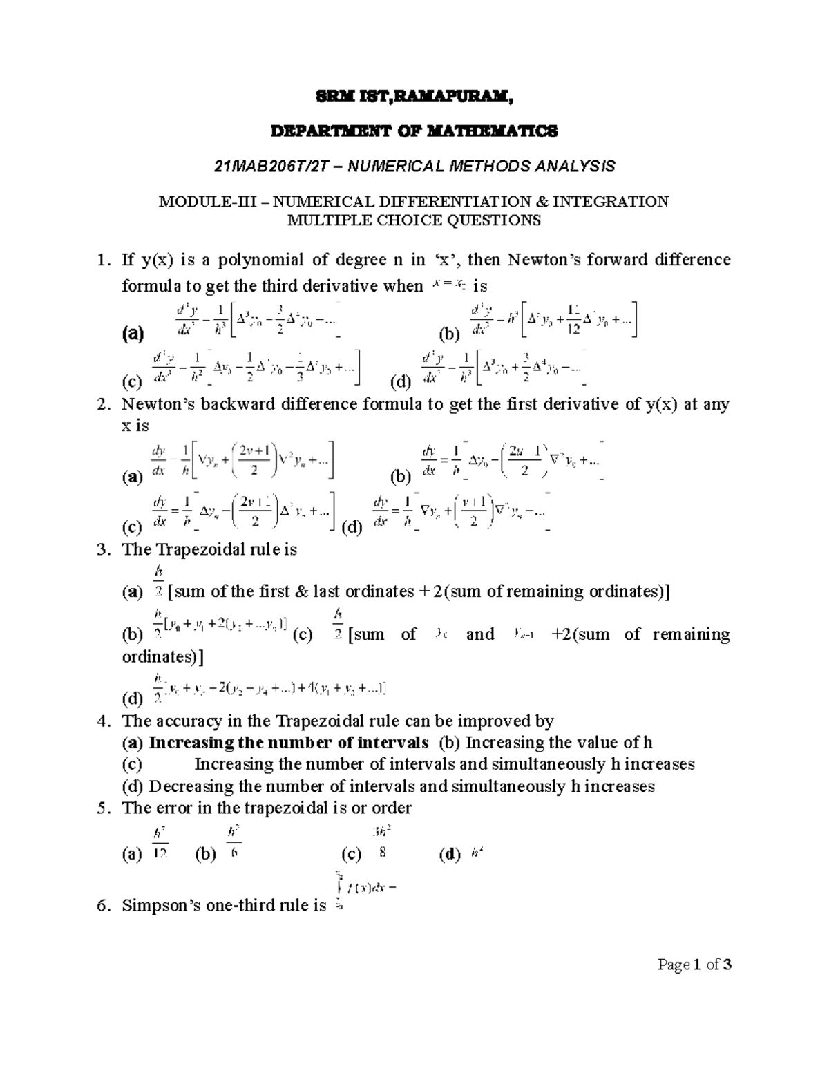 Numerical Methods (SRM IST) - MCQs on Differentiation & Integration ...