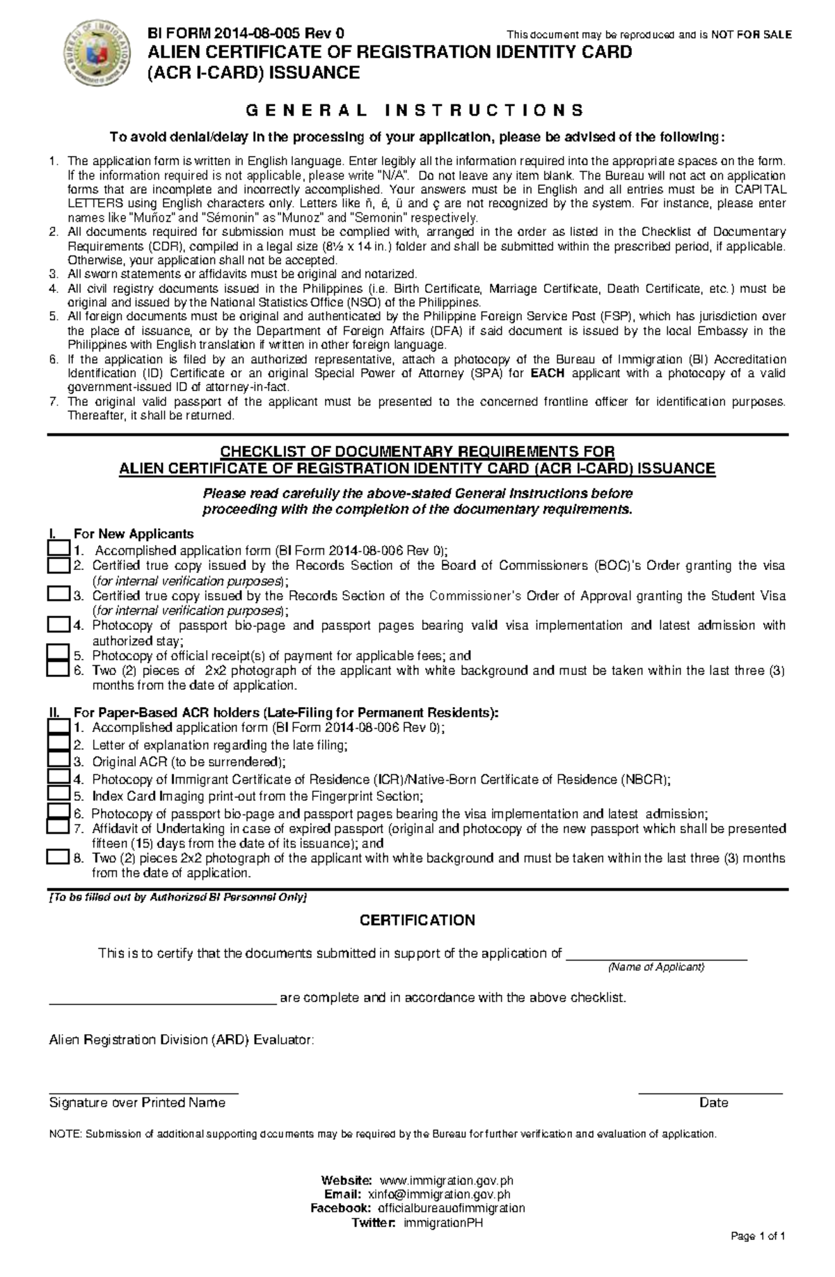 2. CDR ACR I-Card Issuance - BI FORM 2014-08-005 Rev 0 This document ...