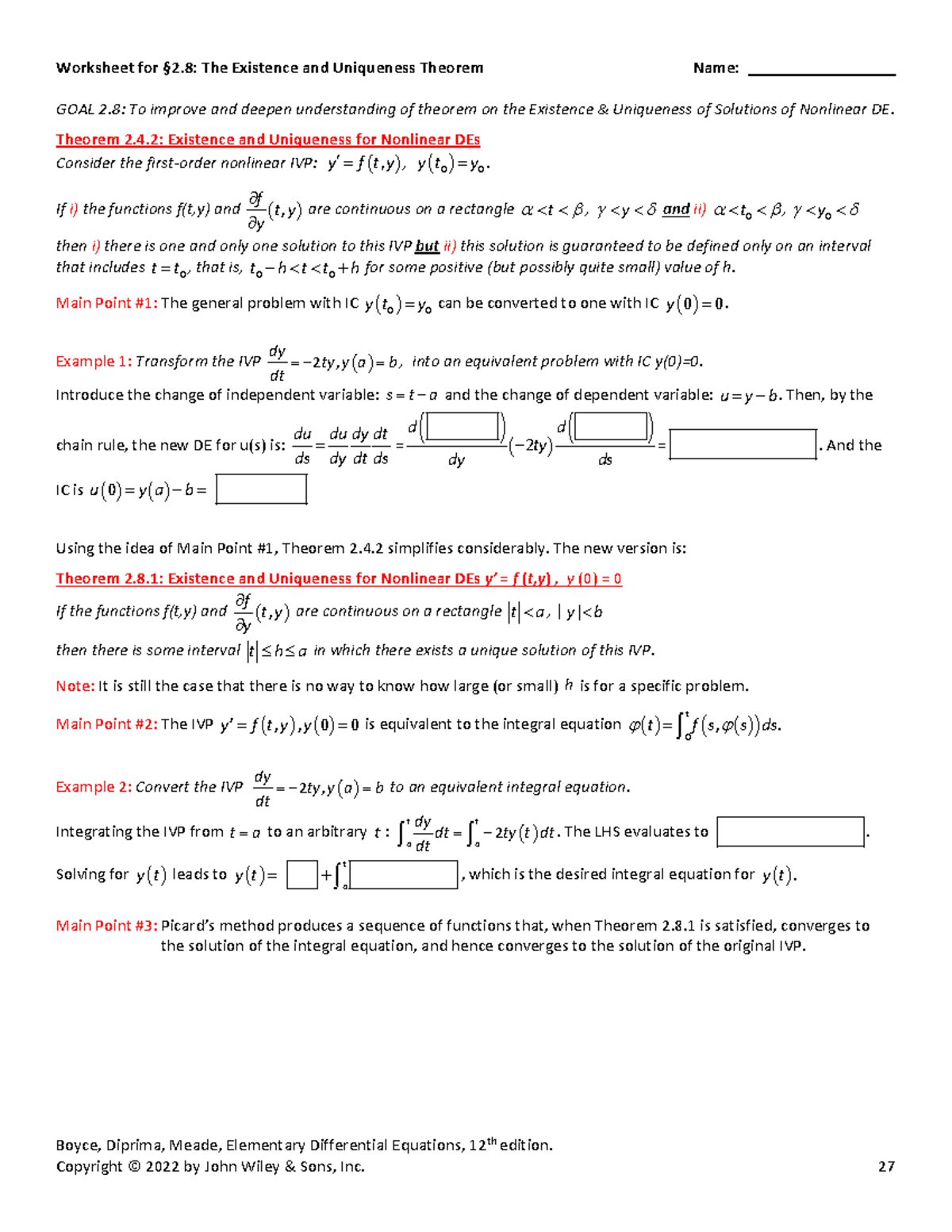 Worksheet on Existence and Uniqueness Theorem for Nonlinear DEs ...
