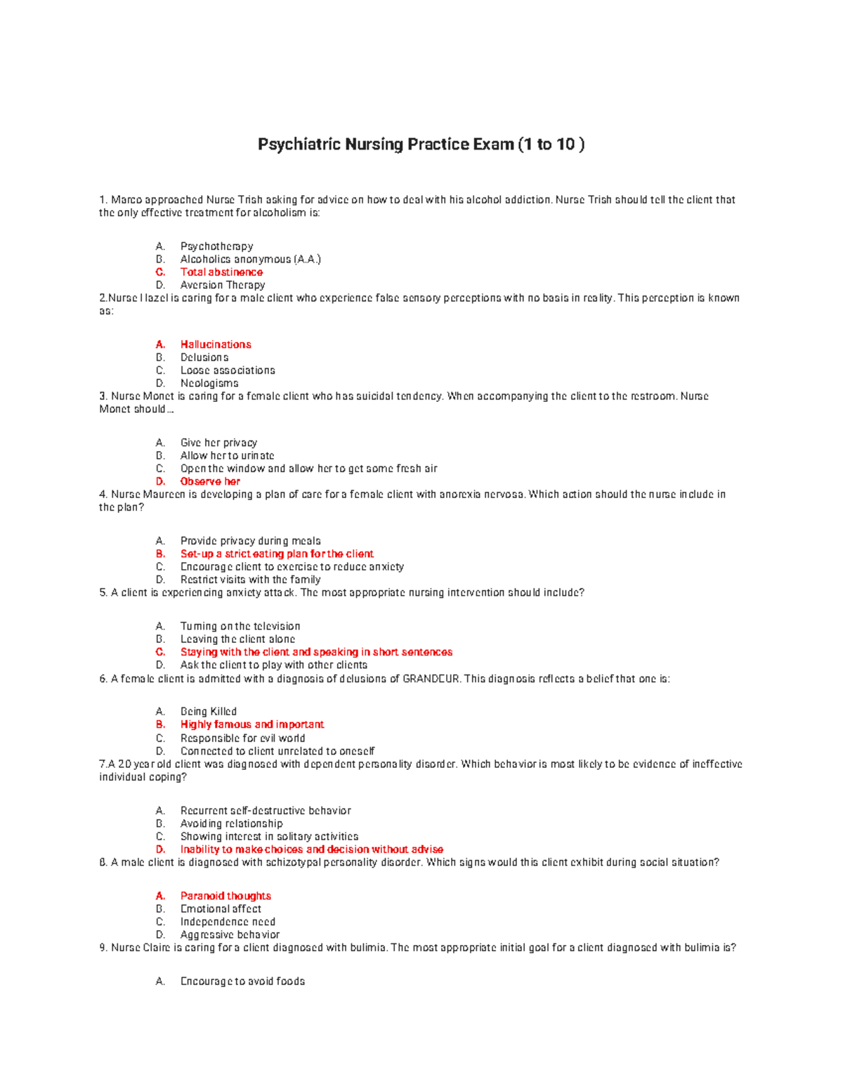Psychiatric Nursing Practice Exam (PN 101): Key Concepts and Scenarios ...