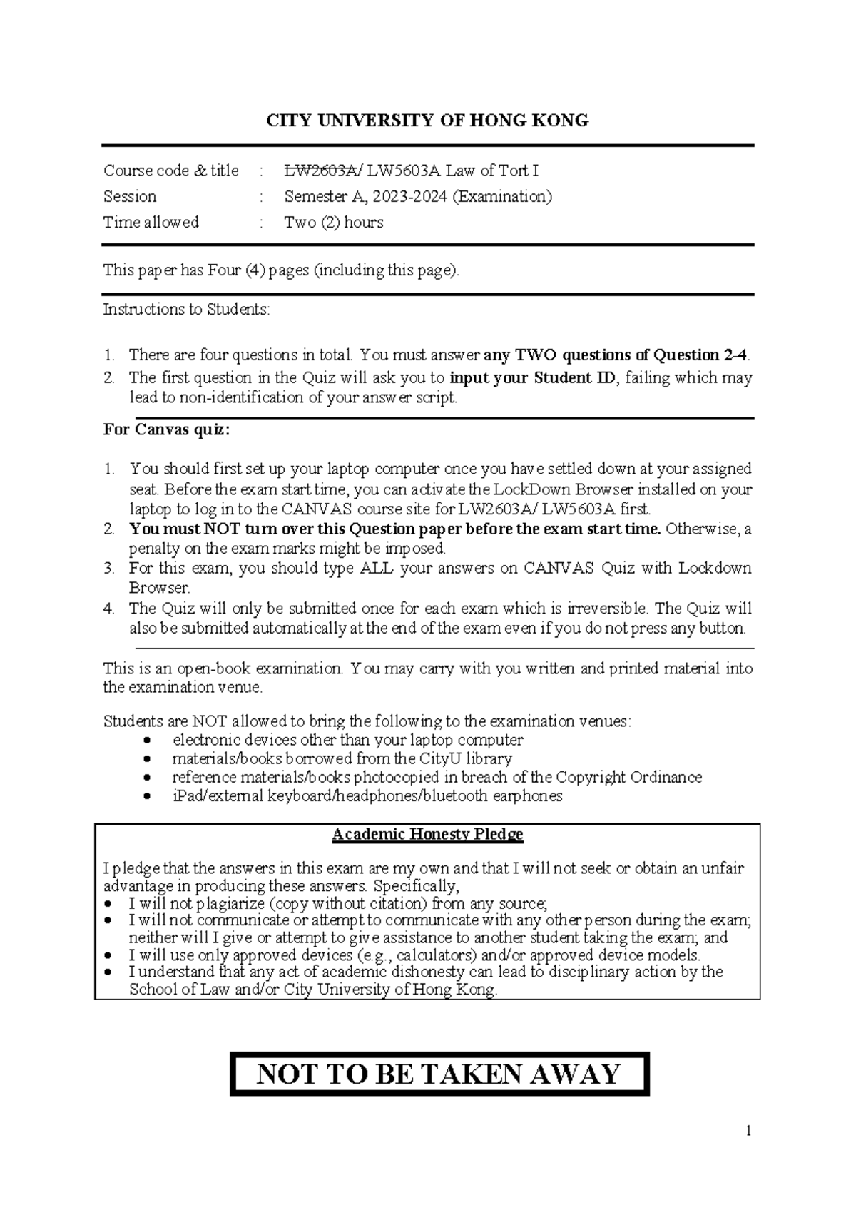 LW5603A-2324A Tort Law Past Exam Paper and Instructions - Studocu