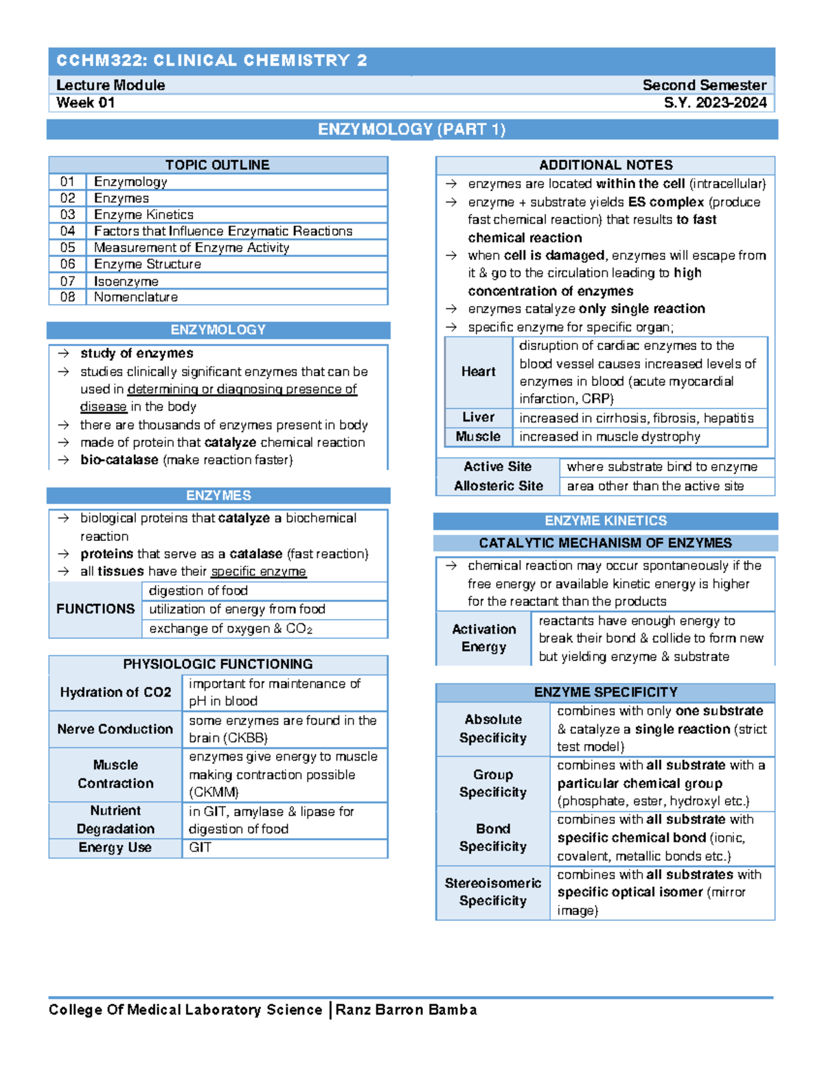 CCHM322: Clinical Chemistry 2 Lecture Week 01 - Enzymology Overview ...