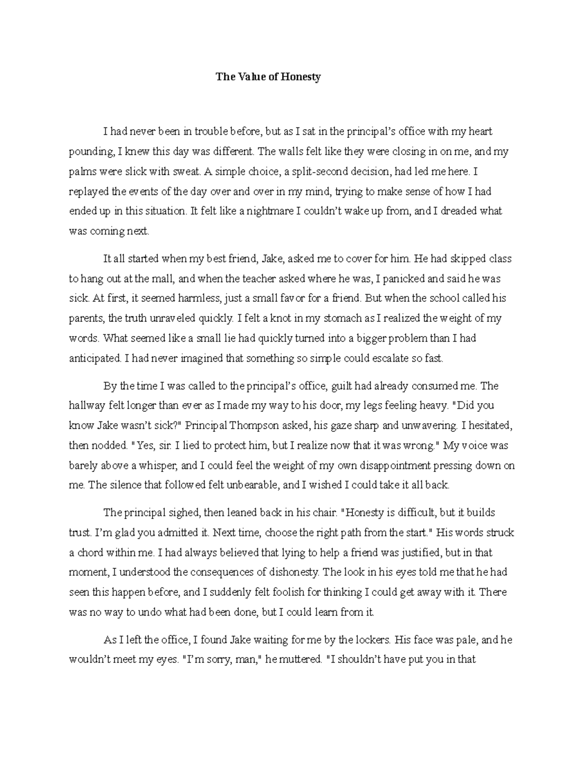 English 11 assignment 1 - The Value of Honesty I had never been in ...