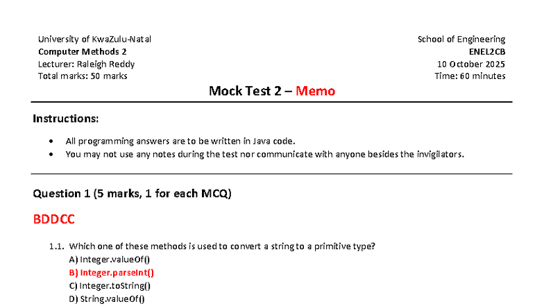 ENEL2CB H2 2025 Mock Test 2 Memo: Java Programming Concepts - Studocu