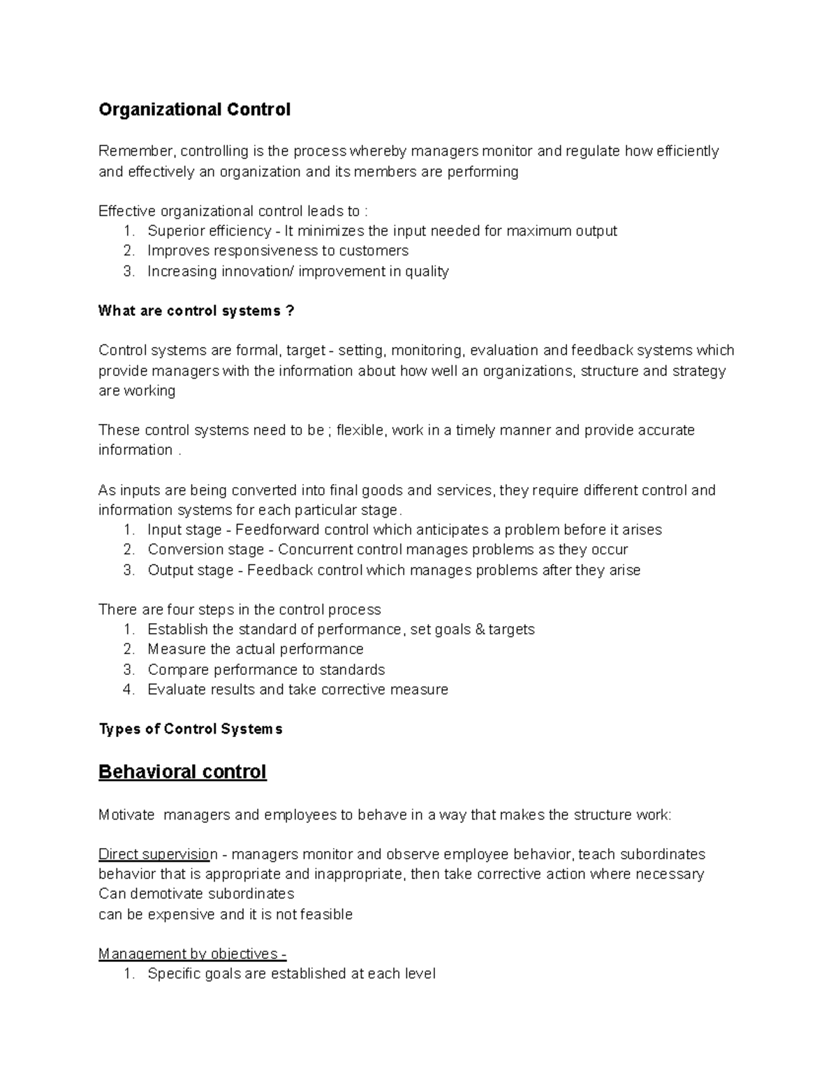 OBS 124 chapter 13 - Organizational Control Remember, controlling is ...