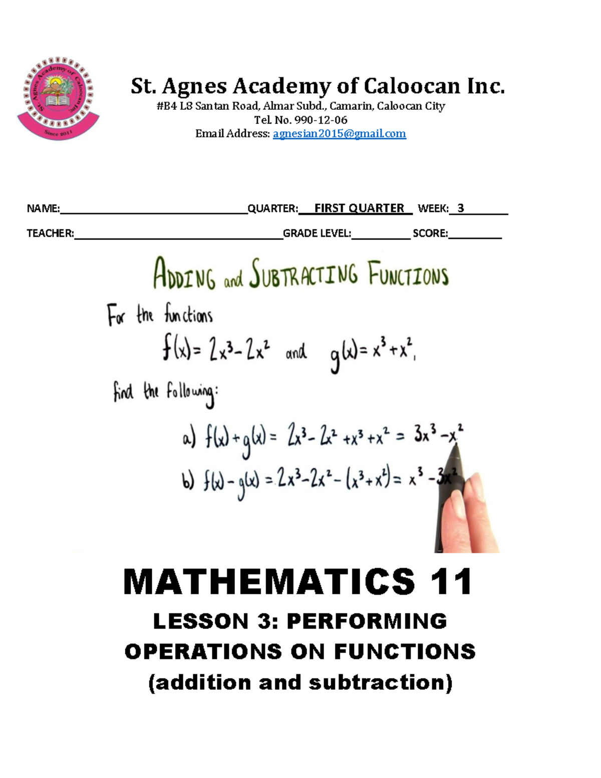 Mathematics 11 Lesson 3: Operations on Functions Review Summary - Studocu