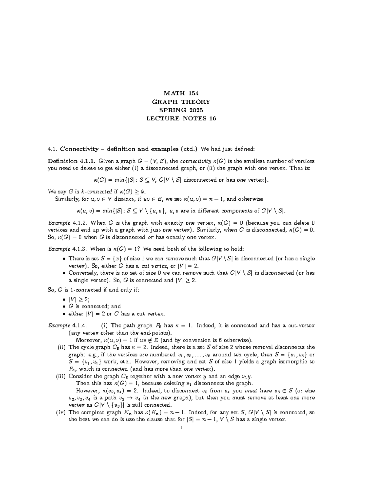MATH 154 SPRING 2025 LECTURE NOTES: Graph Connectivity & Menger's ...