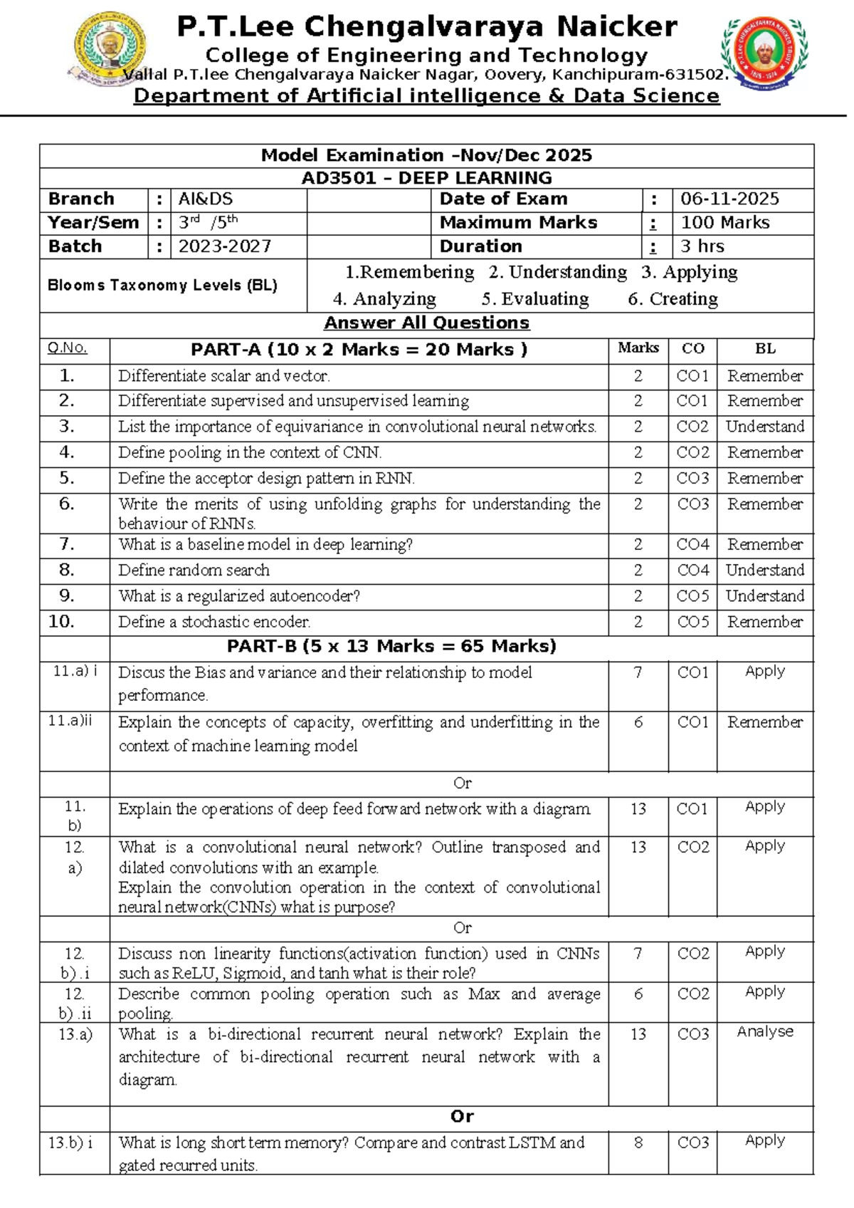 AD3501 Deep Learning Model Exam Question Paper - Nov 2025 - Studocu