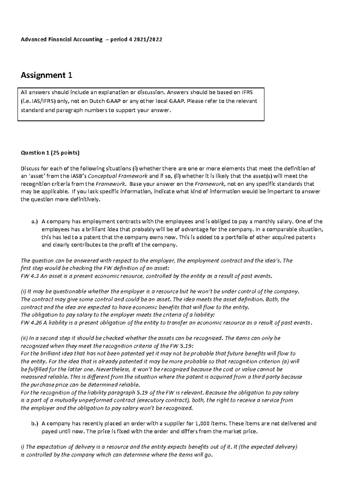 Advanced Financial Accounting - Assignment 1 Answers (2021/2022 ...
