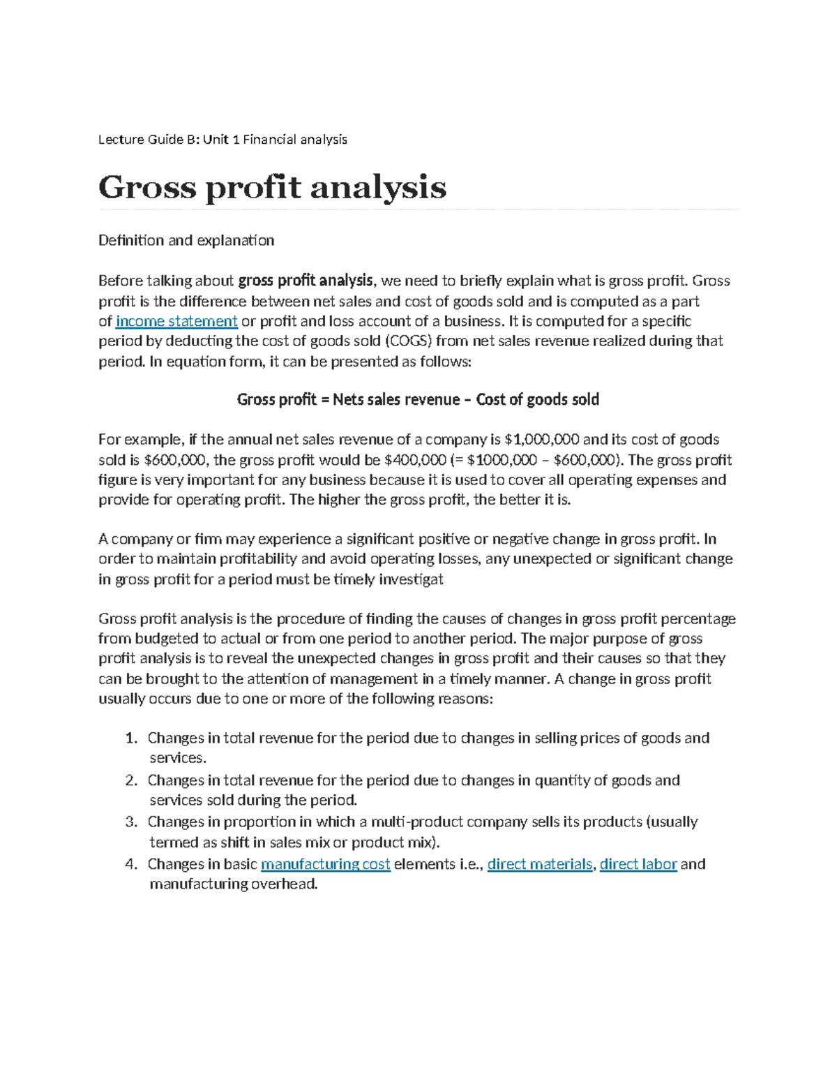 Lecture Guide B: Gross Profit Analysis in Financial Management - Studocu