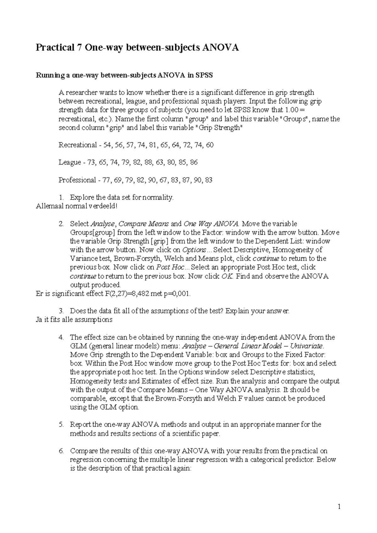 Practical 7 BS ANOVA: One-Way Analysis in SPSS Techniques - Studeersnel