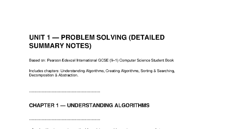 IGCSE Computer Science Unit 1: Problem Solving Summary Notes - Studocu
