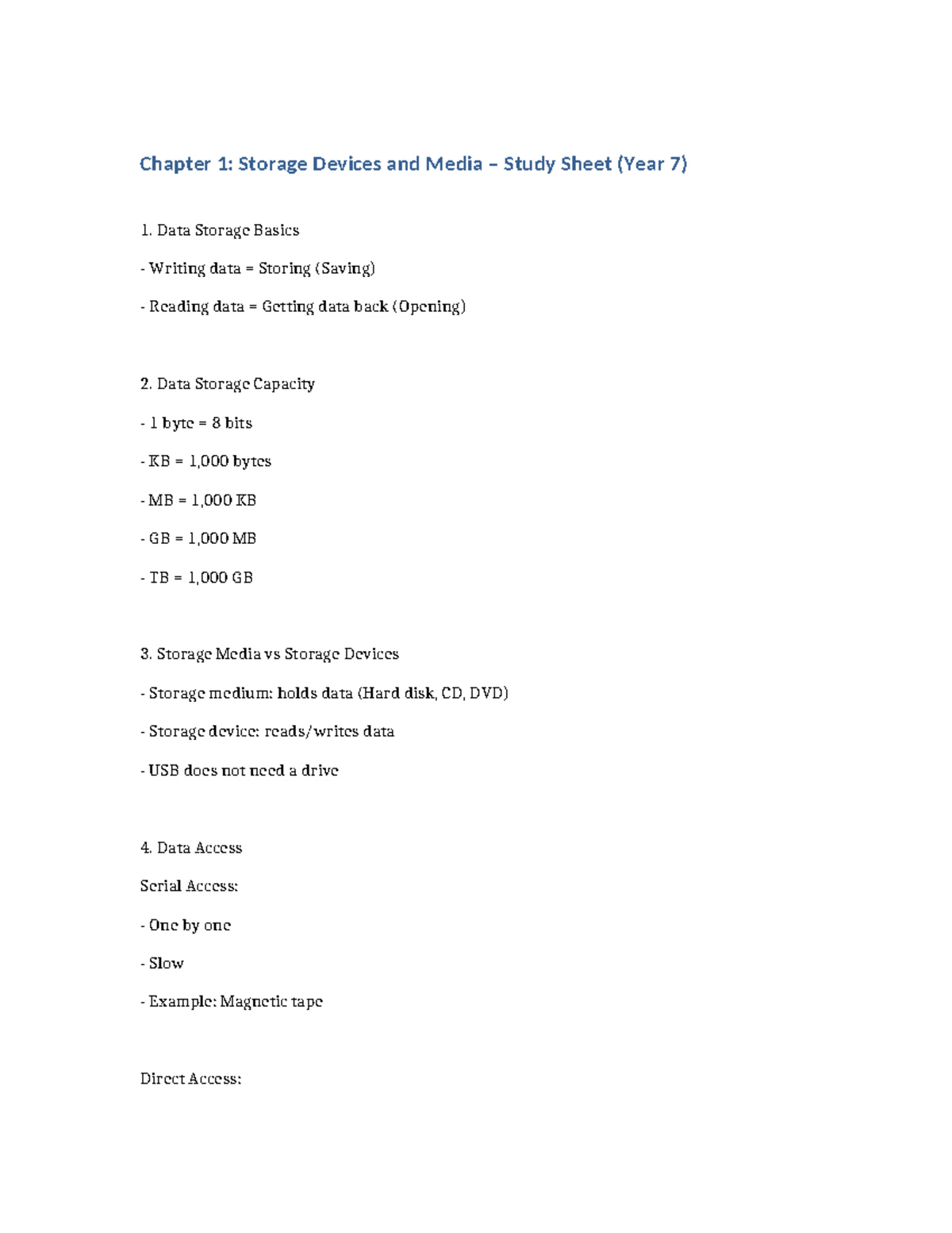 Chapter 1: Storage Devices Study Sheet (Year 7) - Studocu