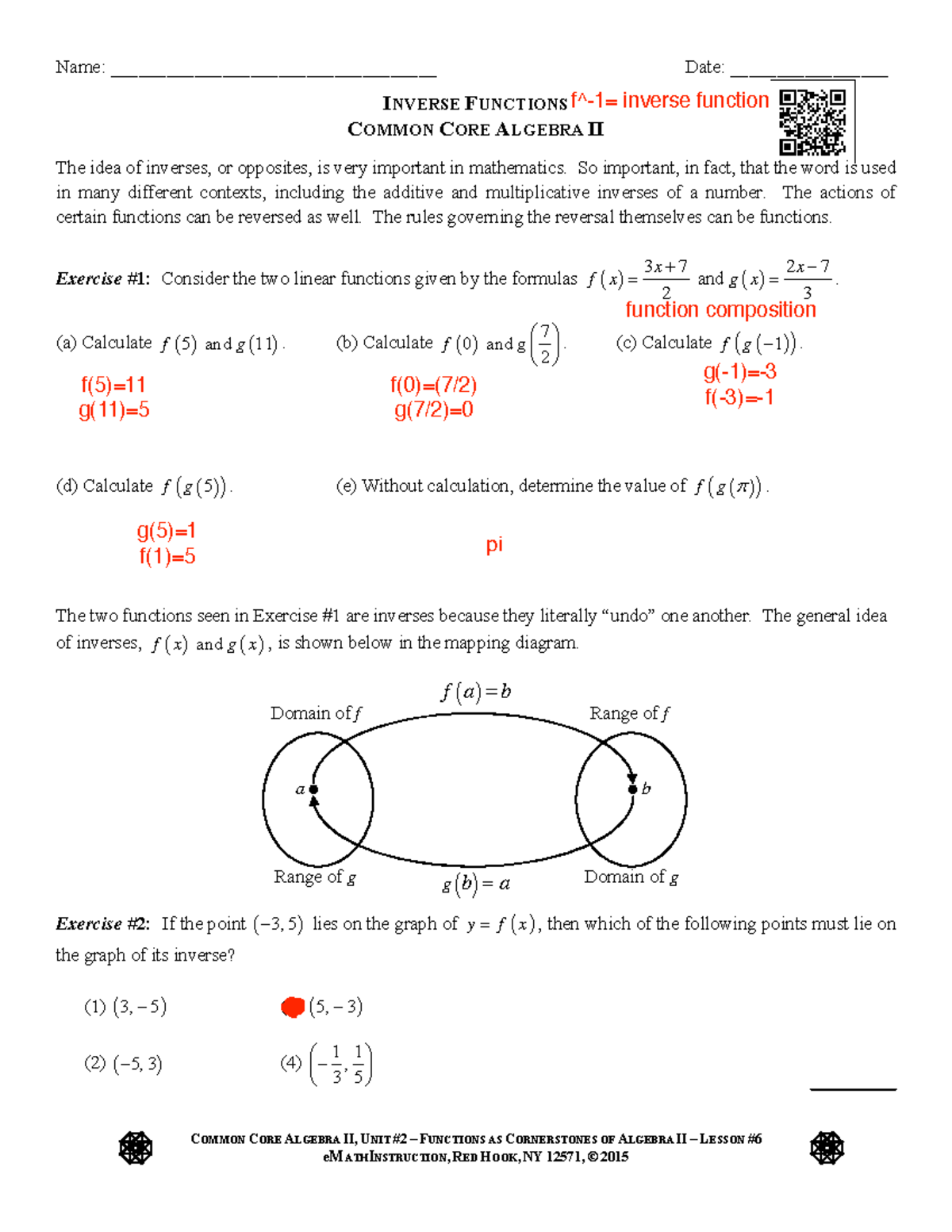 CCAlg II - Unit 2 Lesson 6: Inverse Functions Overview - Studocu