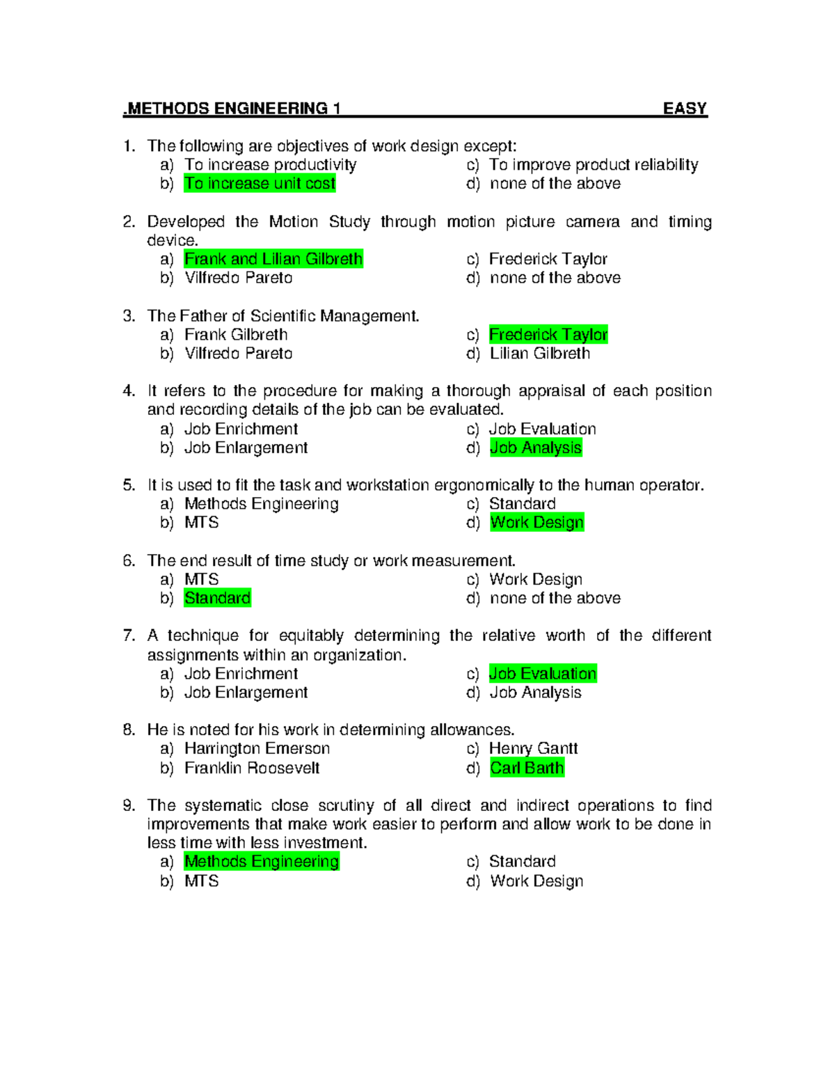 Methods Engineering (ME) Exit Exam - Comprehensive Review Guide - Studocu
