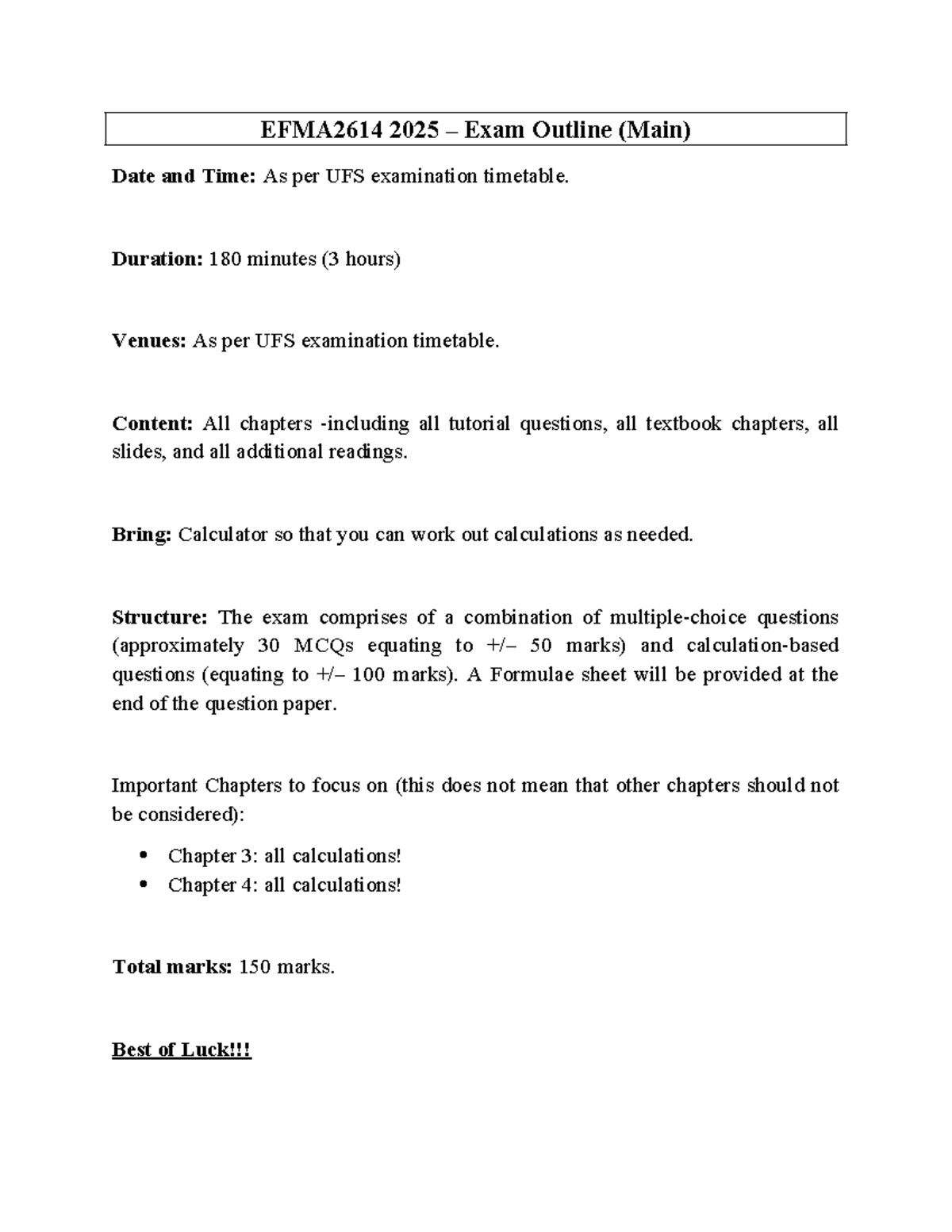 EFMA2614 2025 Final Exam Outline: Key Content & Structure Details - Studocu