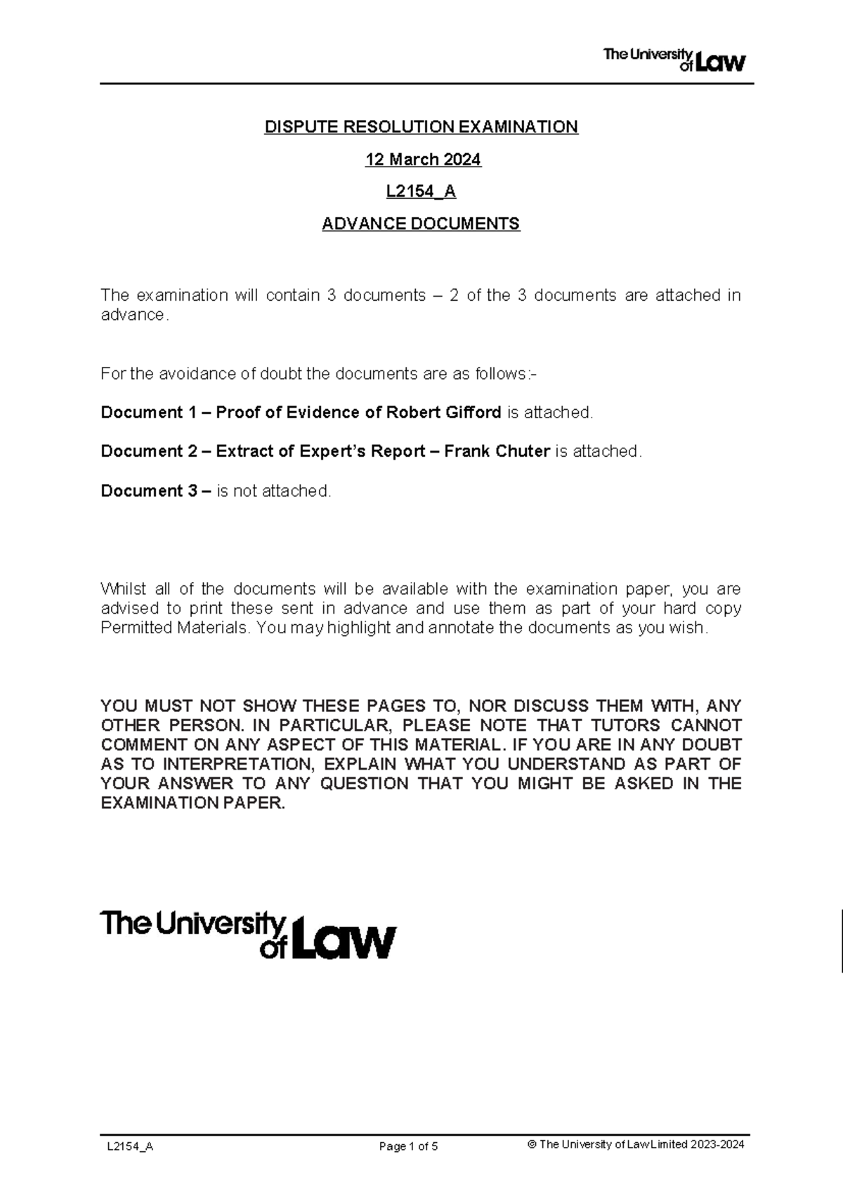 L2154_A Dispute Resolution Final Exam - Advance Documents Overview ...