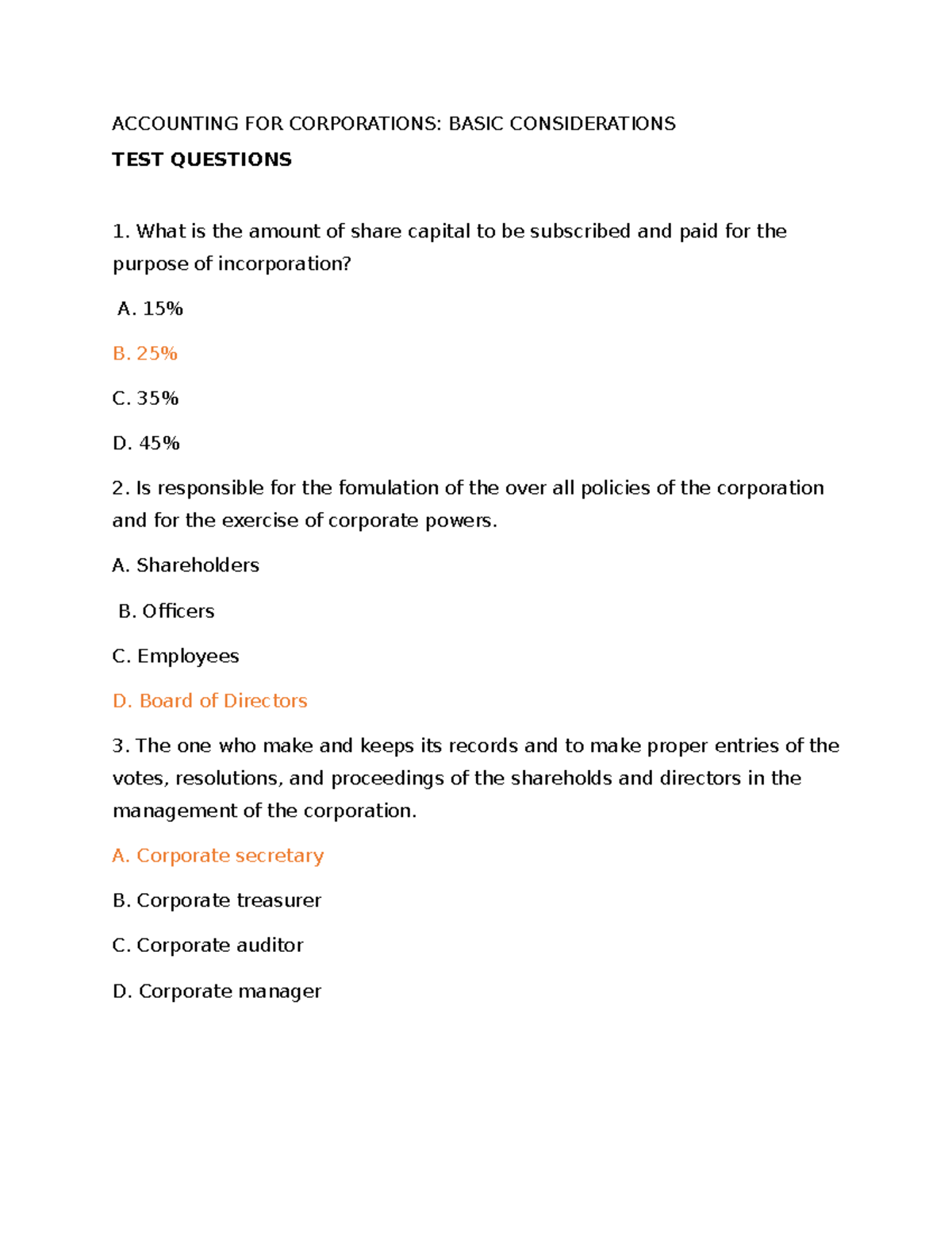 Accounting for Corporations - Test Questions and Answers - Studocu