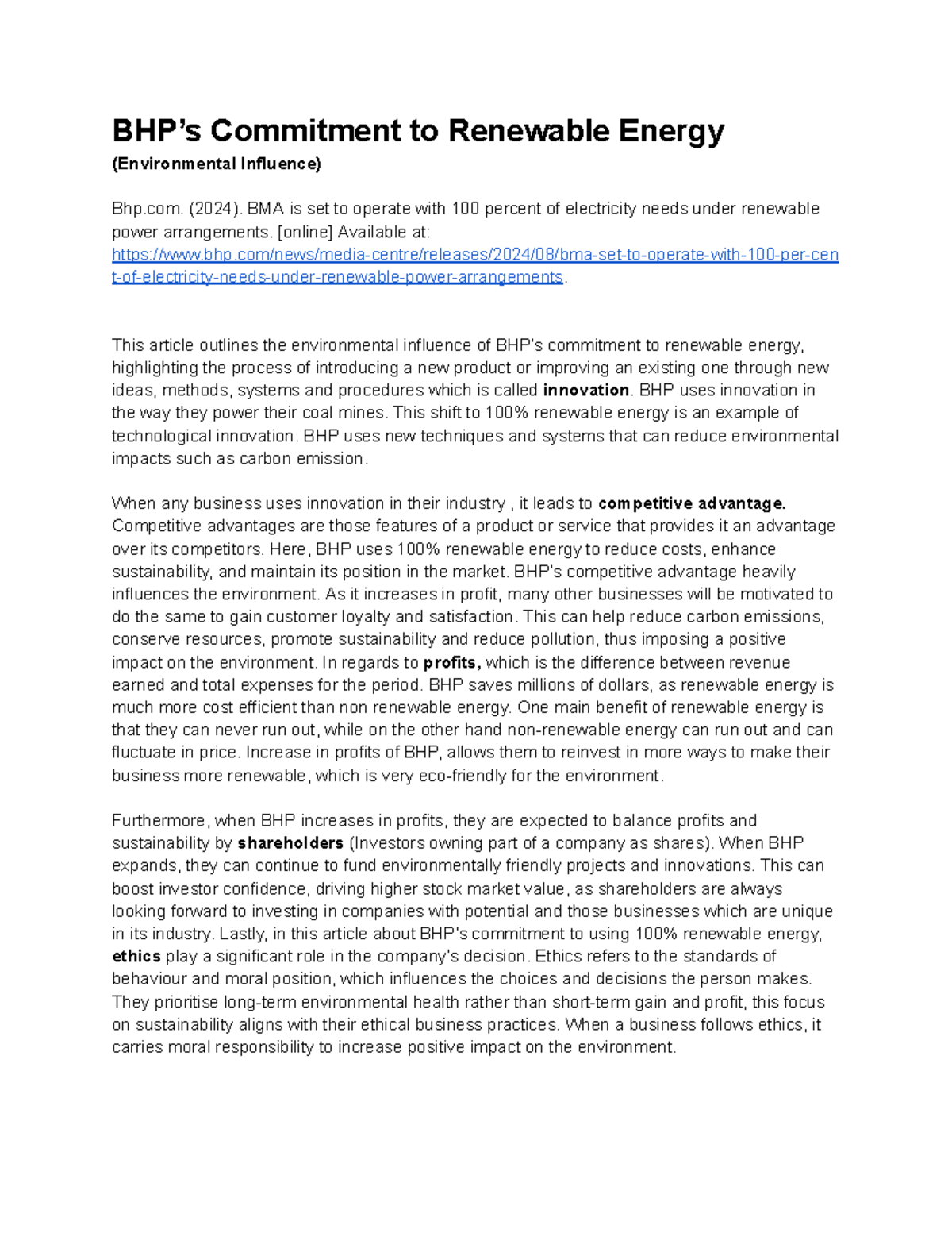 BMA 100% Renewable Energy Commitment: Environmental Impact Analysis ...