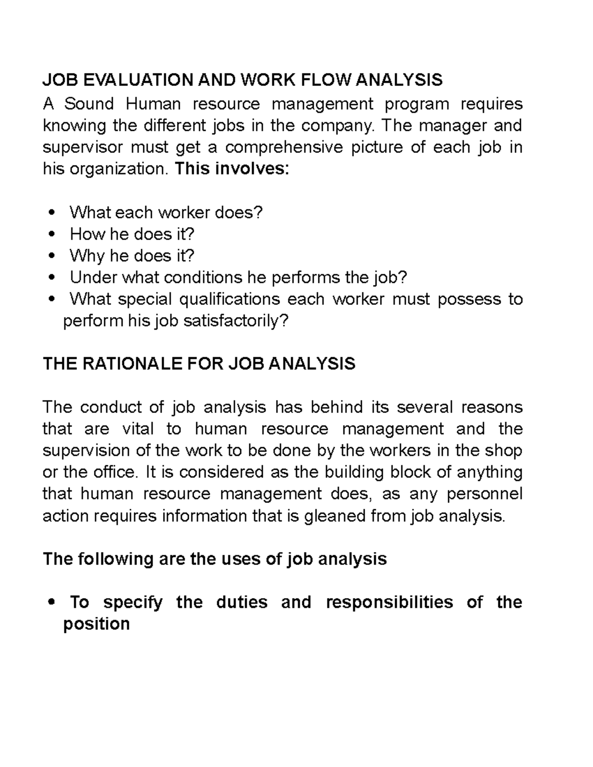 JOB Evaluation and Work Flow Analysis: A Comprehensive Study - Studocu