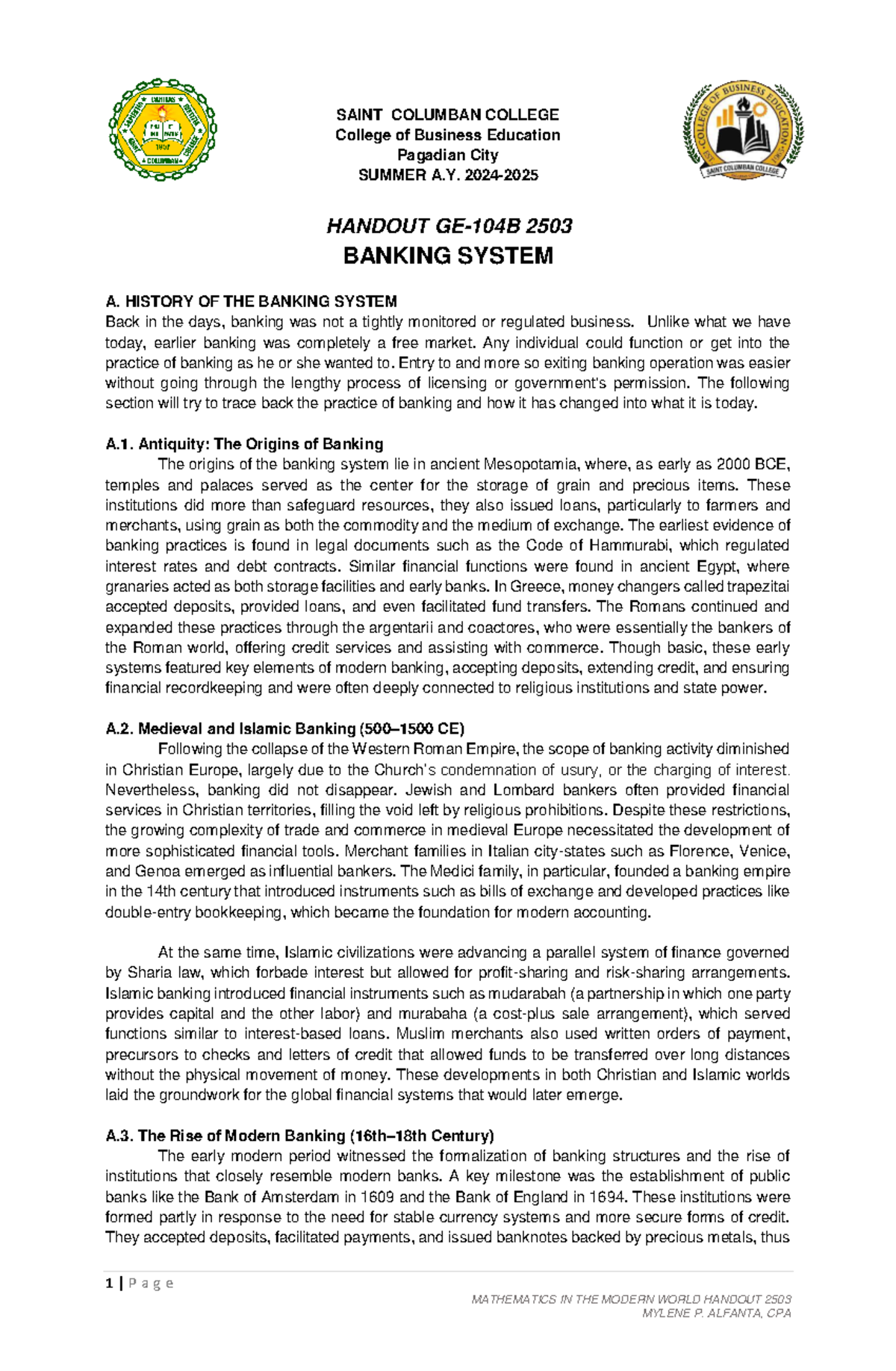 Handout Ge 104b 2503 Overview Of The Banking System Studocu