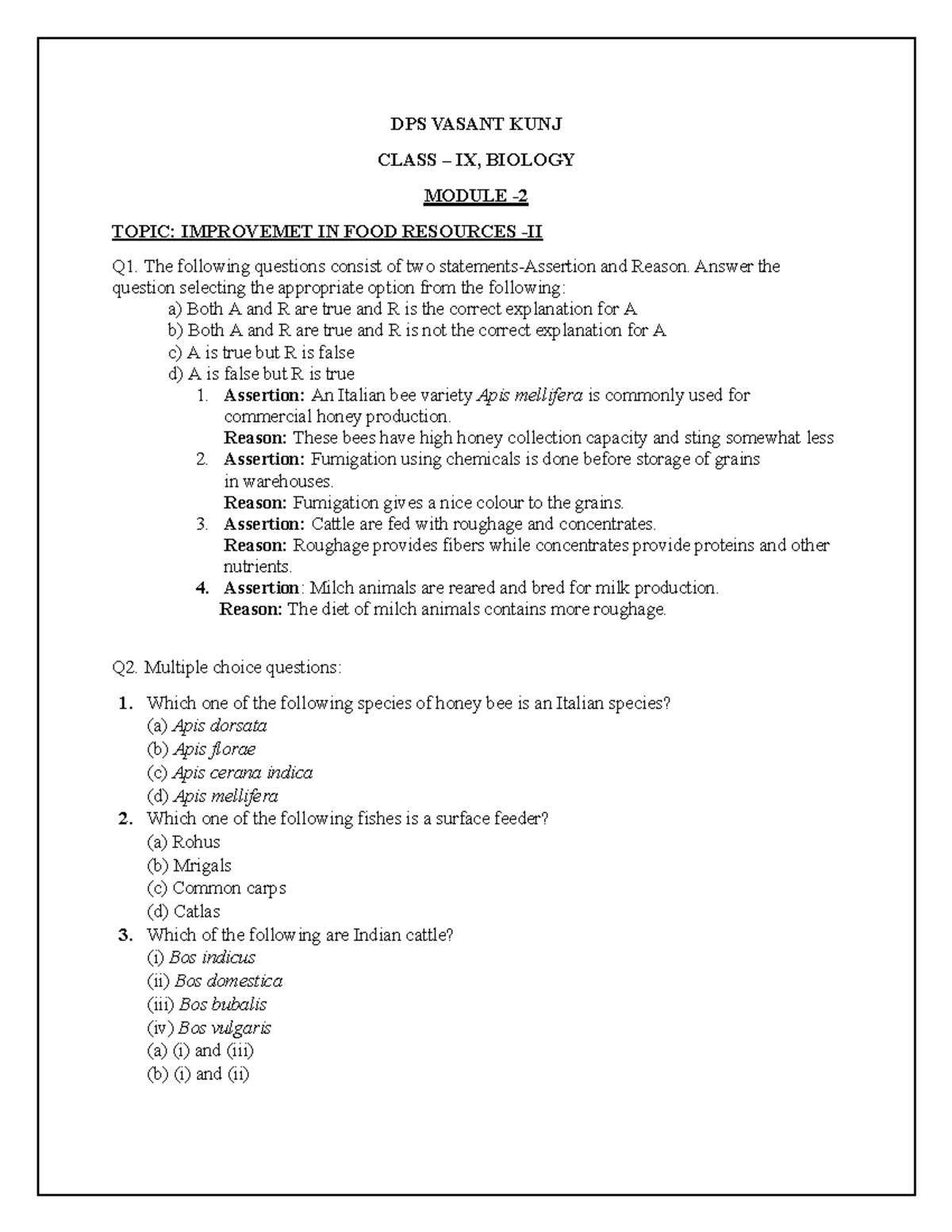 DPS VASANT KUNJ CLASS IX BIOLOGY MODULE: IMPROVEMENT IN FOOD RESOURCES ...
