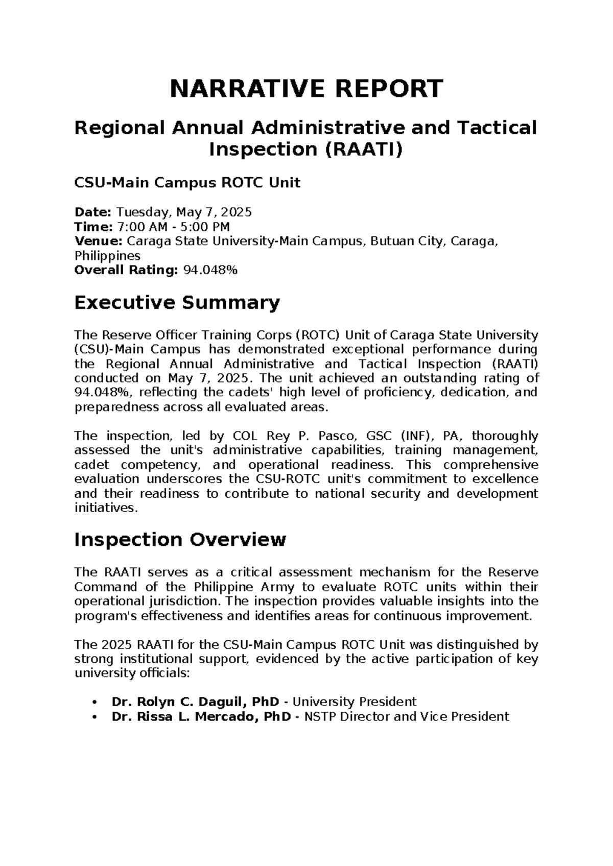 RAATI Narrative Report: Campus ROTC Unit Performance Evaluation 2025 ...