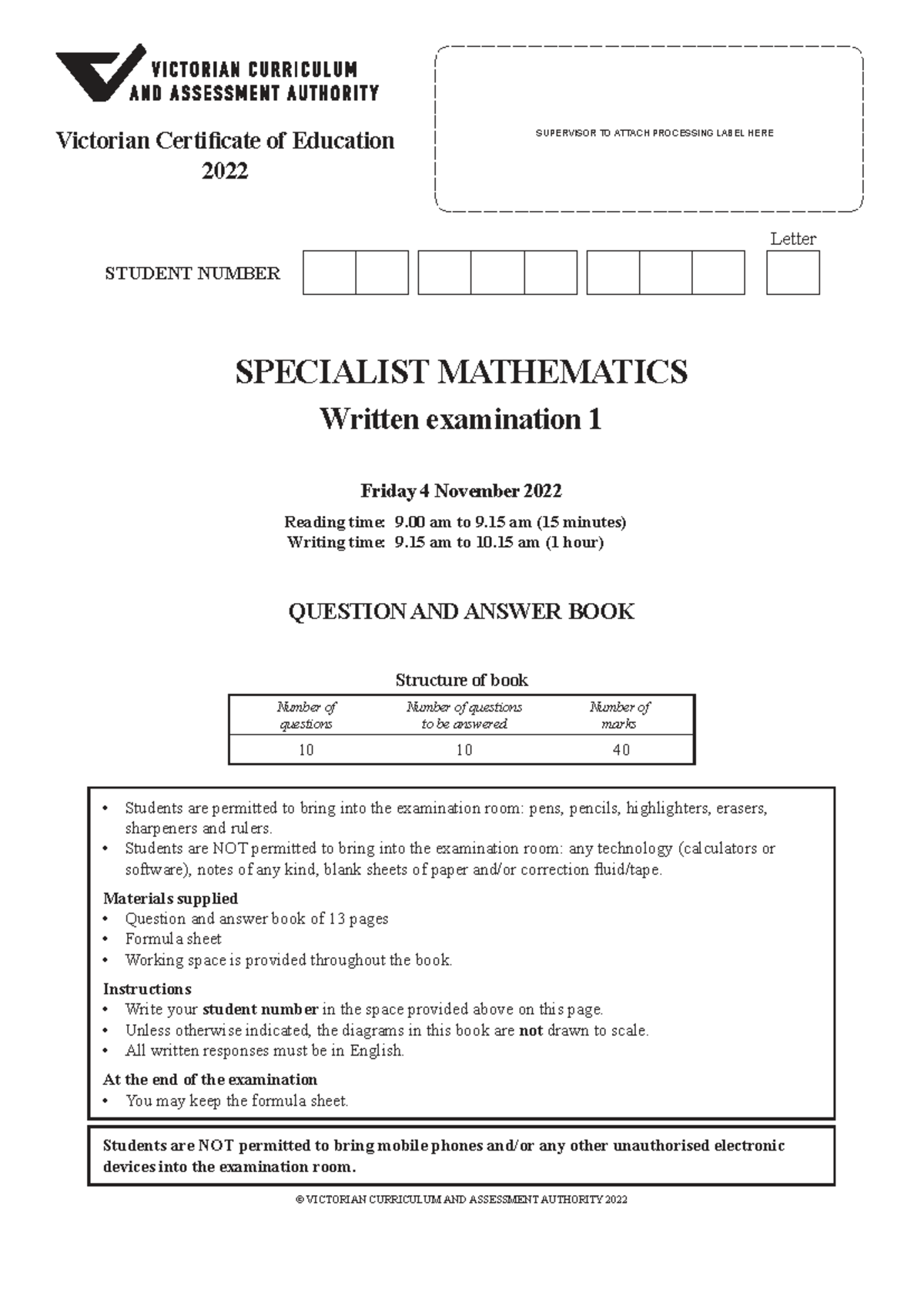 2022 SPECMATH 1 Written Exam - Specialist Mathematics Practice - Studocu