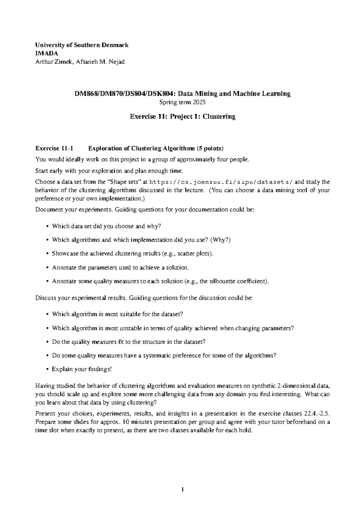 IMADA Data Mining & ML Spring 2025: Clustering Exercise 11 - Studocu