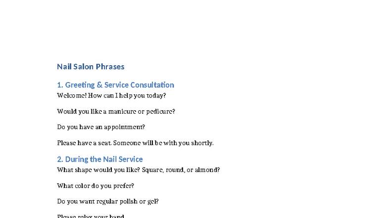 Nail Salon Phrases: Essential English for Service & Consultation - Studocu