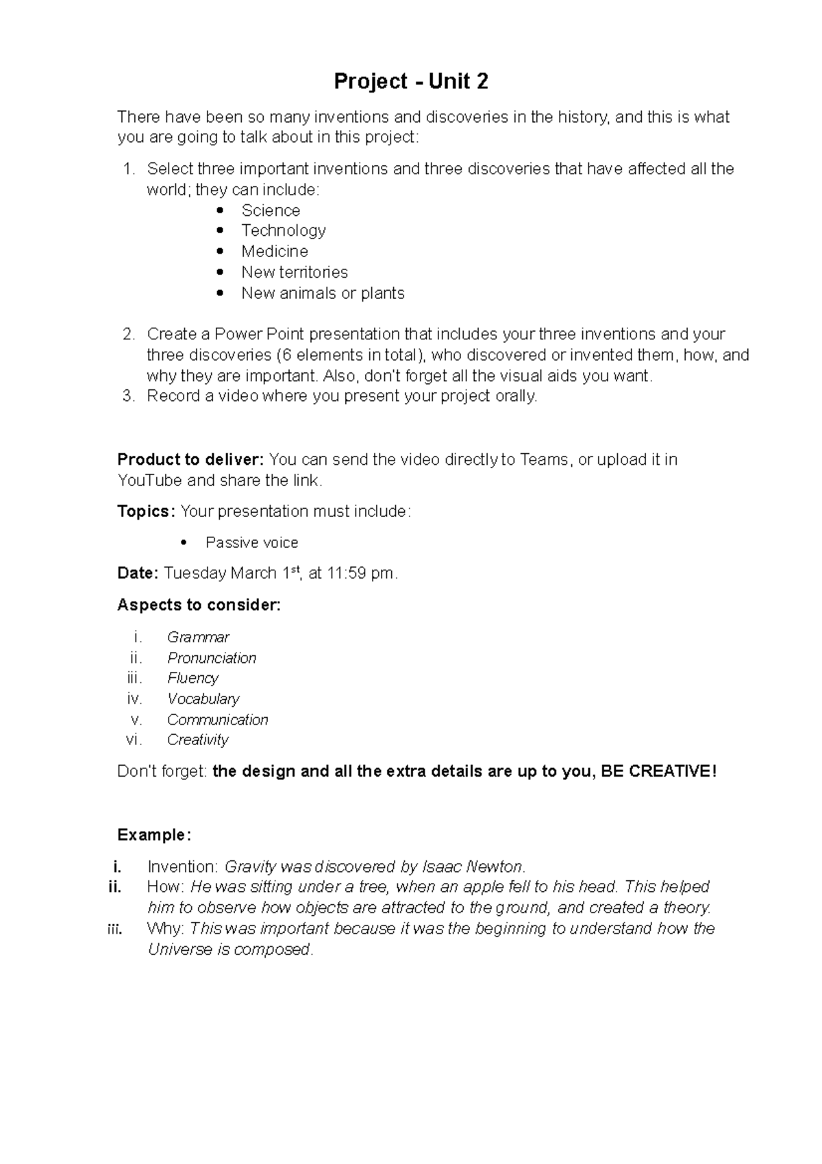 TSU 1 - Project Unit 2: Inventions and Discoveries Presentation - Studocu