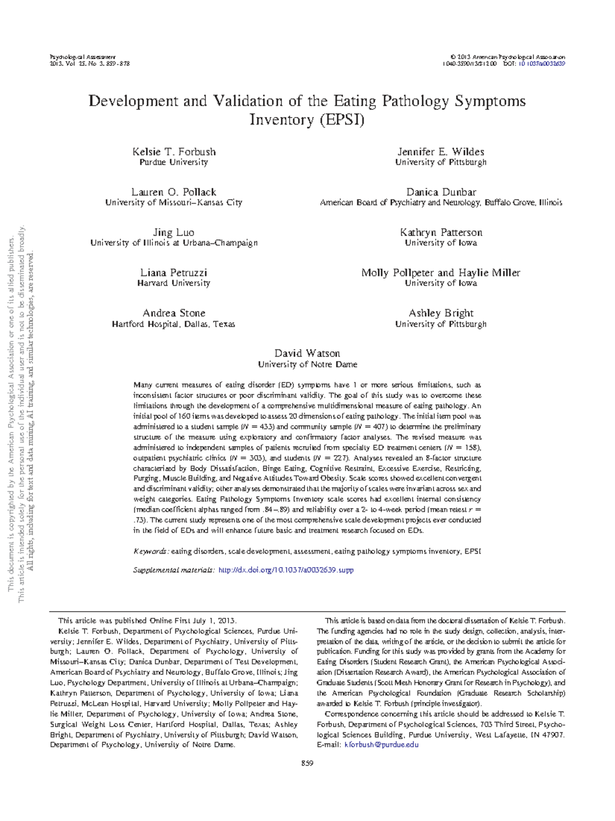 Development and Validation of the Eating Pathology Symptoms Inventory ...