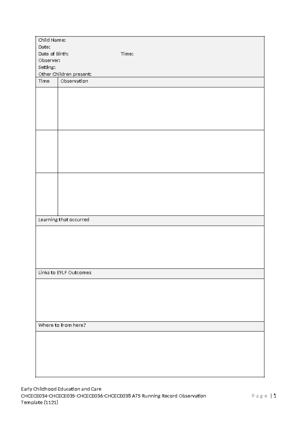 CHCECE034-038 AT5 Running Record Observation Templates - Studocu
