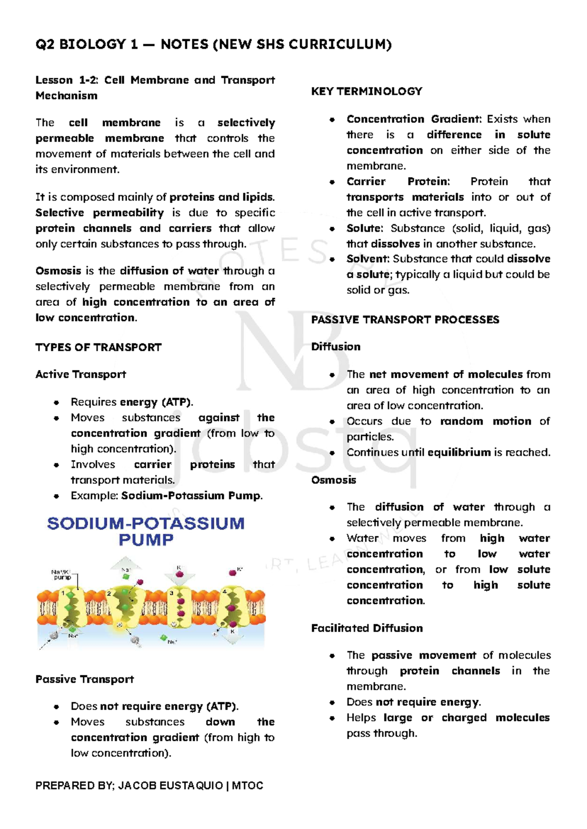 Q2 BIOLOGY 1 NOTES (NEW SHS CURRICULUM) on Cell Membrane & Transport ...