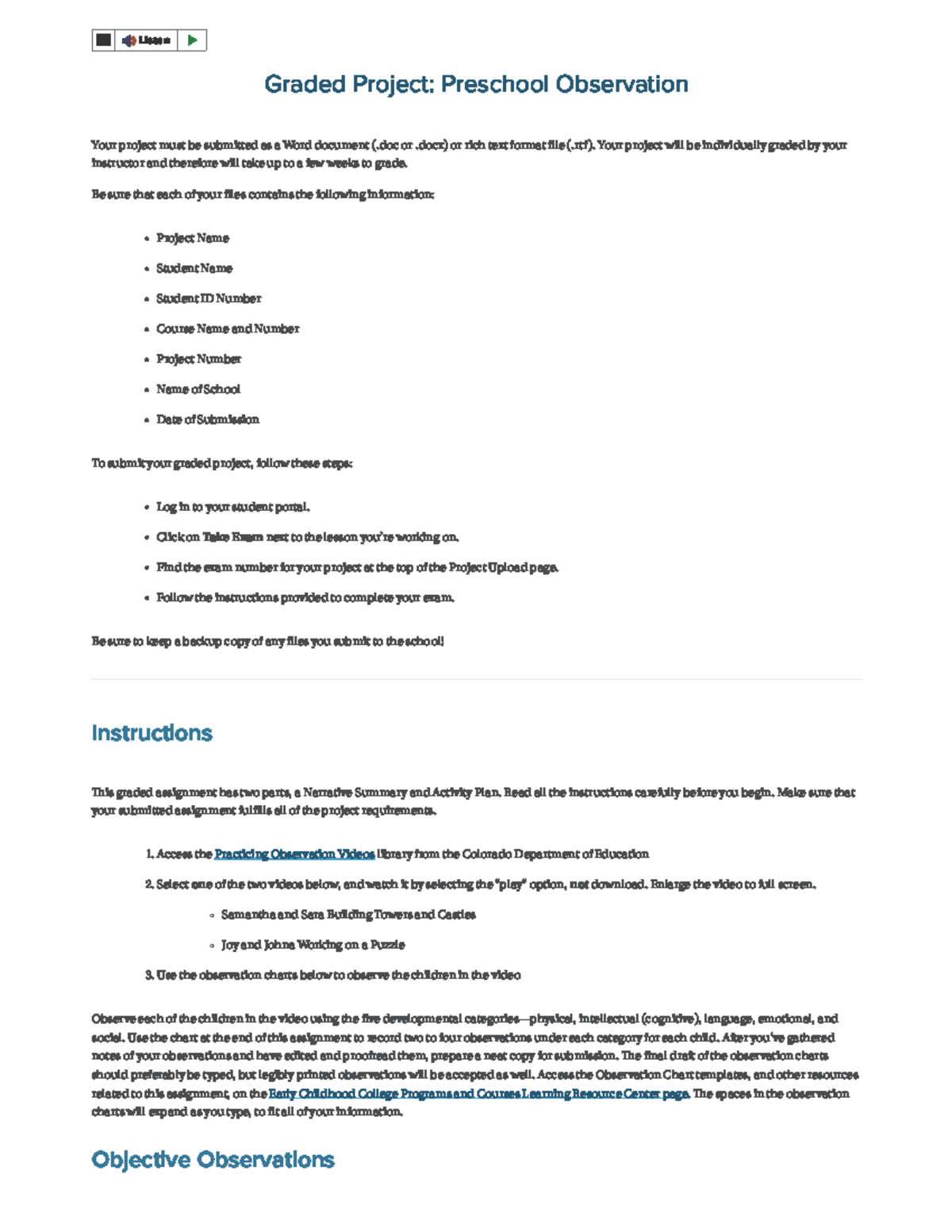 Preschool Observation Project (Course Code: Graded Project) - Studocu