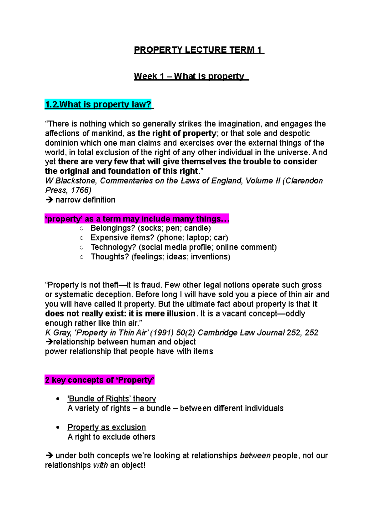 Property Law Lecture Notes: Understanding Key Concepts and Theories ...