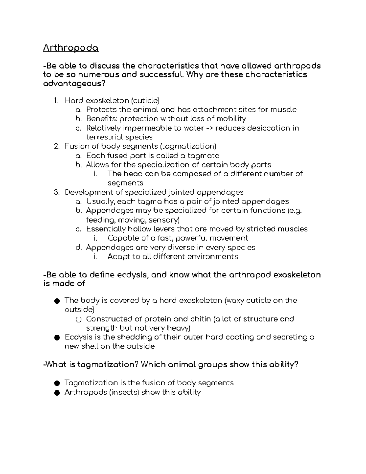 BIO 193 Final Exam Review - Arthropoda -Be able to discuss the ...