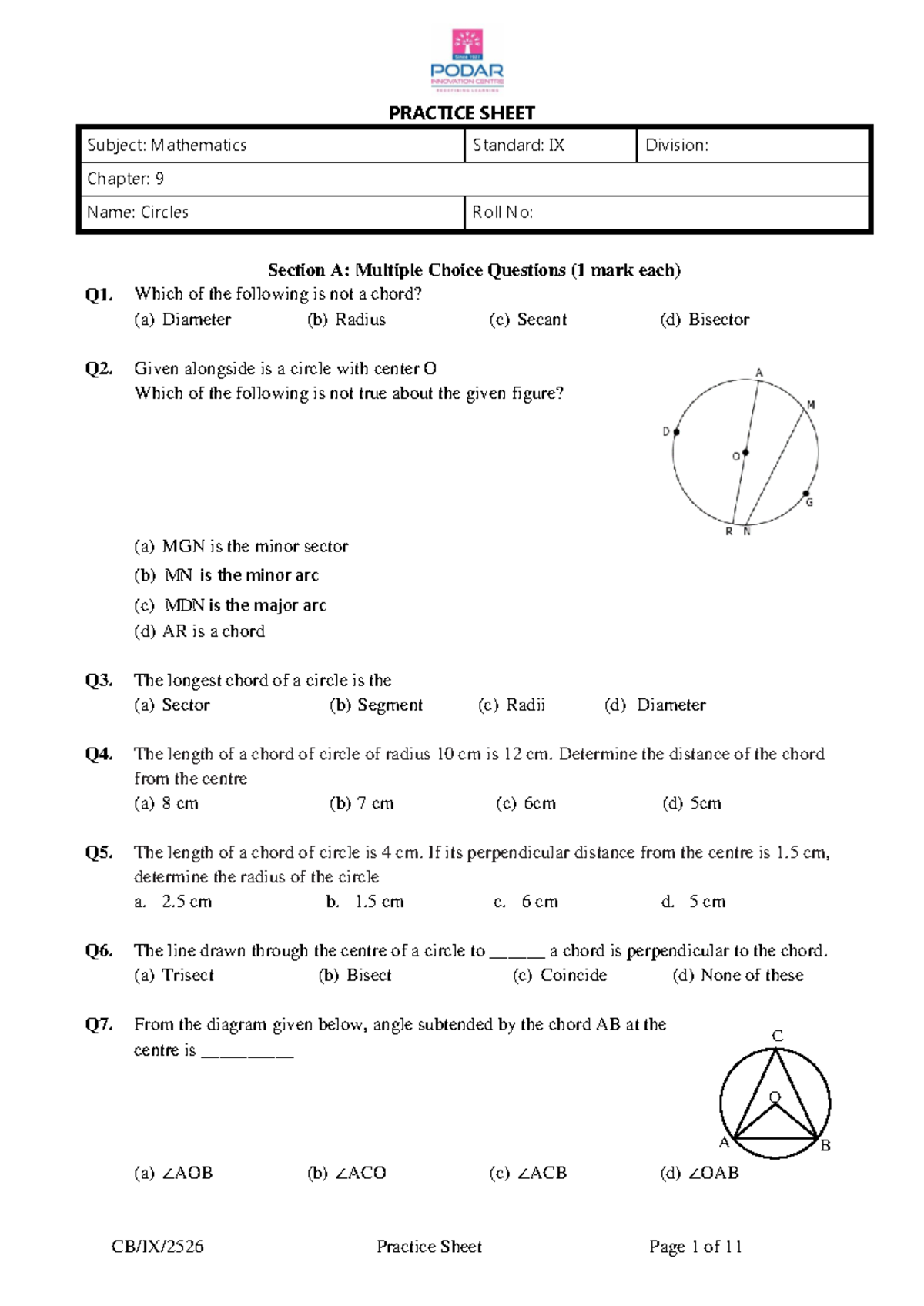 PS CB IX Math Ch 9 Circles Practice Sheet - Studocu