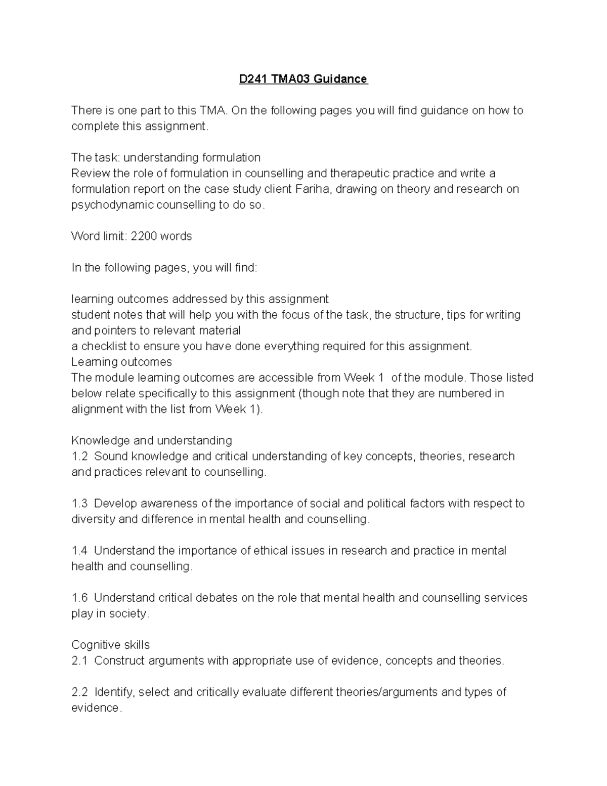 D241 TMA03 Guidance: Formulation Report on Client Fariha - Studocu