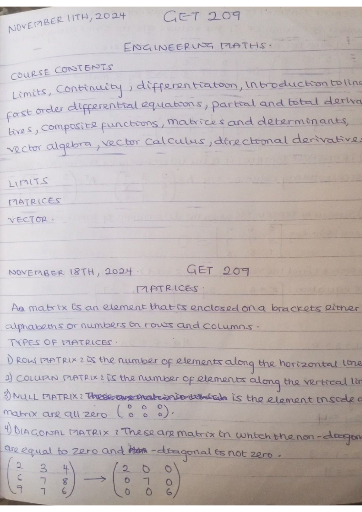 GET 209 Engineering Maths Notes: Limits, Matrices, and Vectors - Studocu