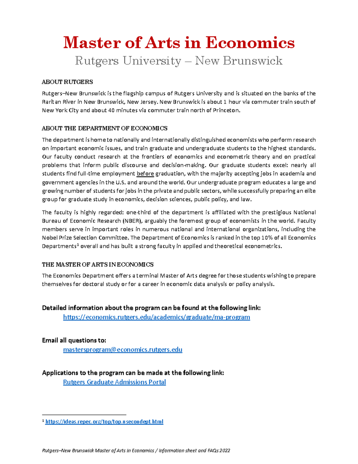 Master of Arts in Economics Program Details and FAQs 2022 - Studocu