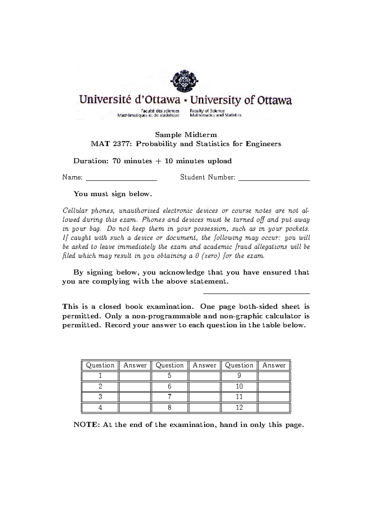 Sample Midterm Exam for MAT 2377: Probability & Statistics for ...